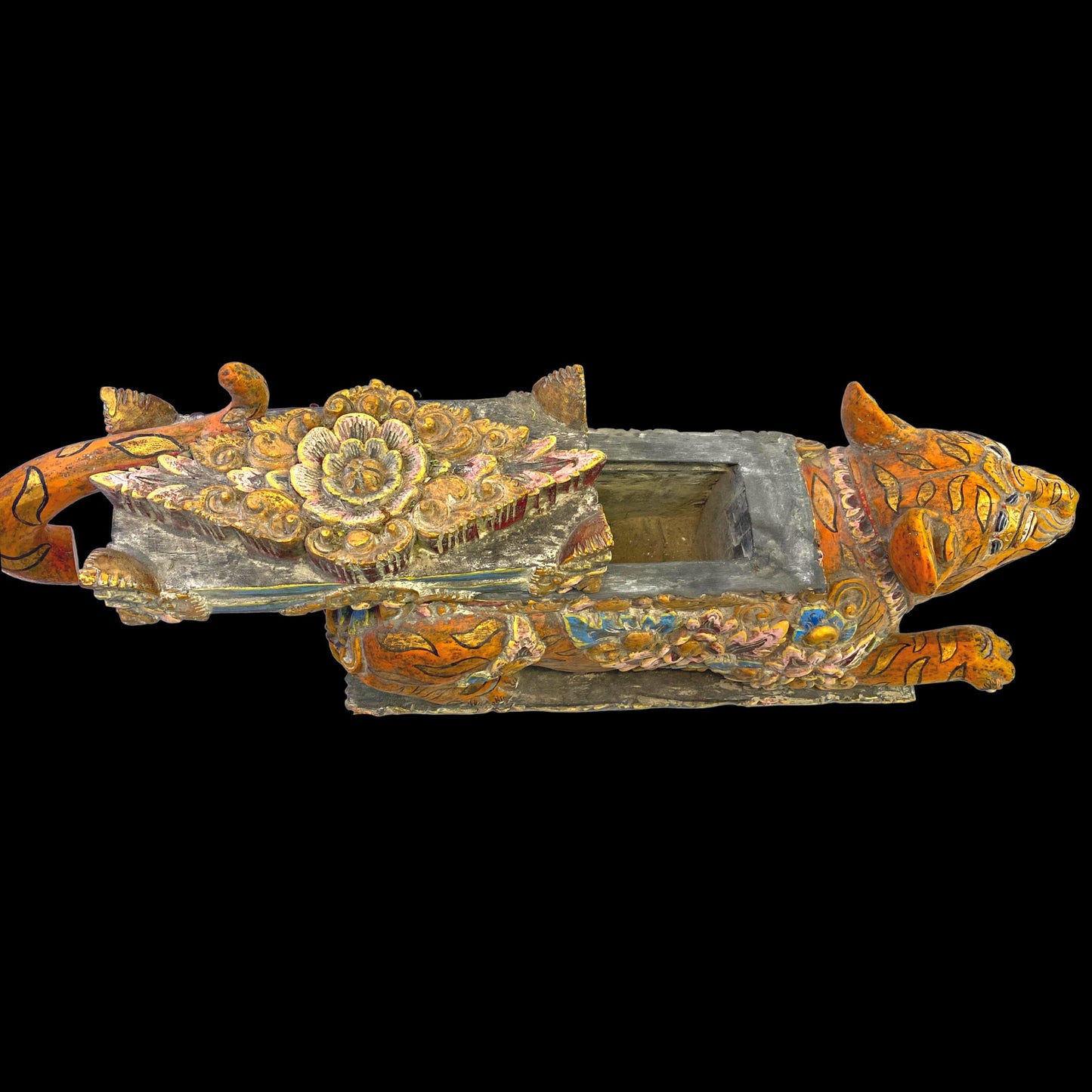 Balinese Barong Tiger Cat Offering Box Singa Macan Keropak Polychrome Hand Carved Cempaka Wood Bali Temple Folk Art Orange Tiger stripes 22&quot; - Acadia World Traders