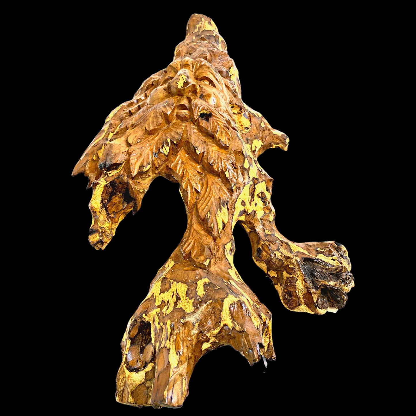 Tree Spirit Wizard Sculpture Hand Carved Teak Wood Statue: Rustic Fantasy Wall Art Sculpture