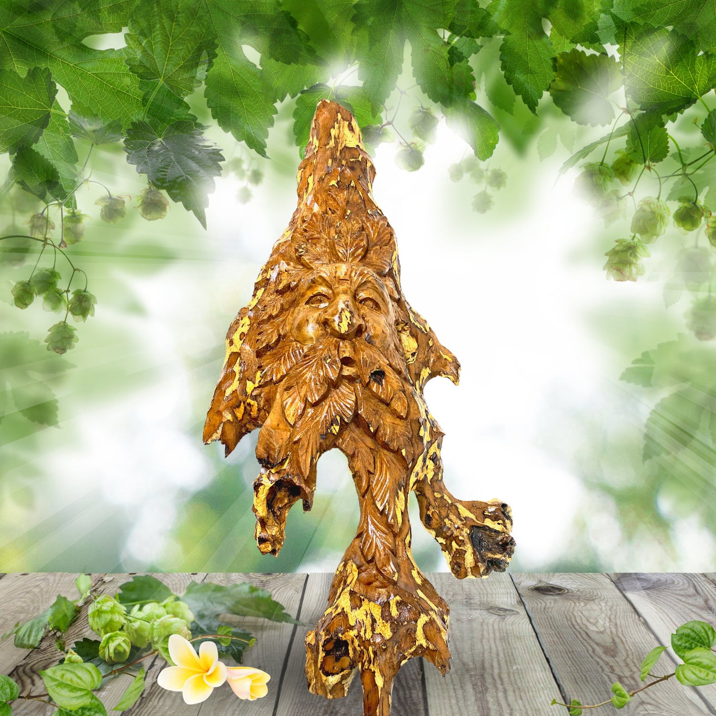 Tree Spirit Wizard Sculpture Hand Carved Teak Wood Statue: Rustic Fantasy Wall Art Sculpture