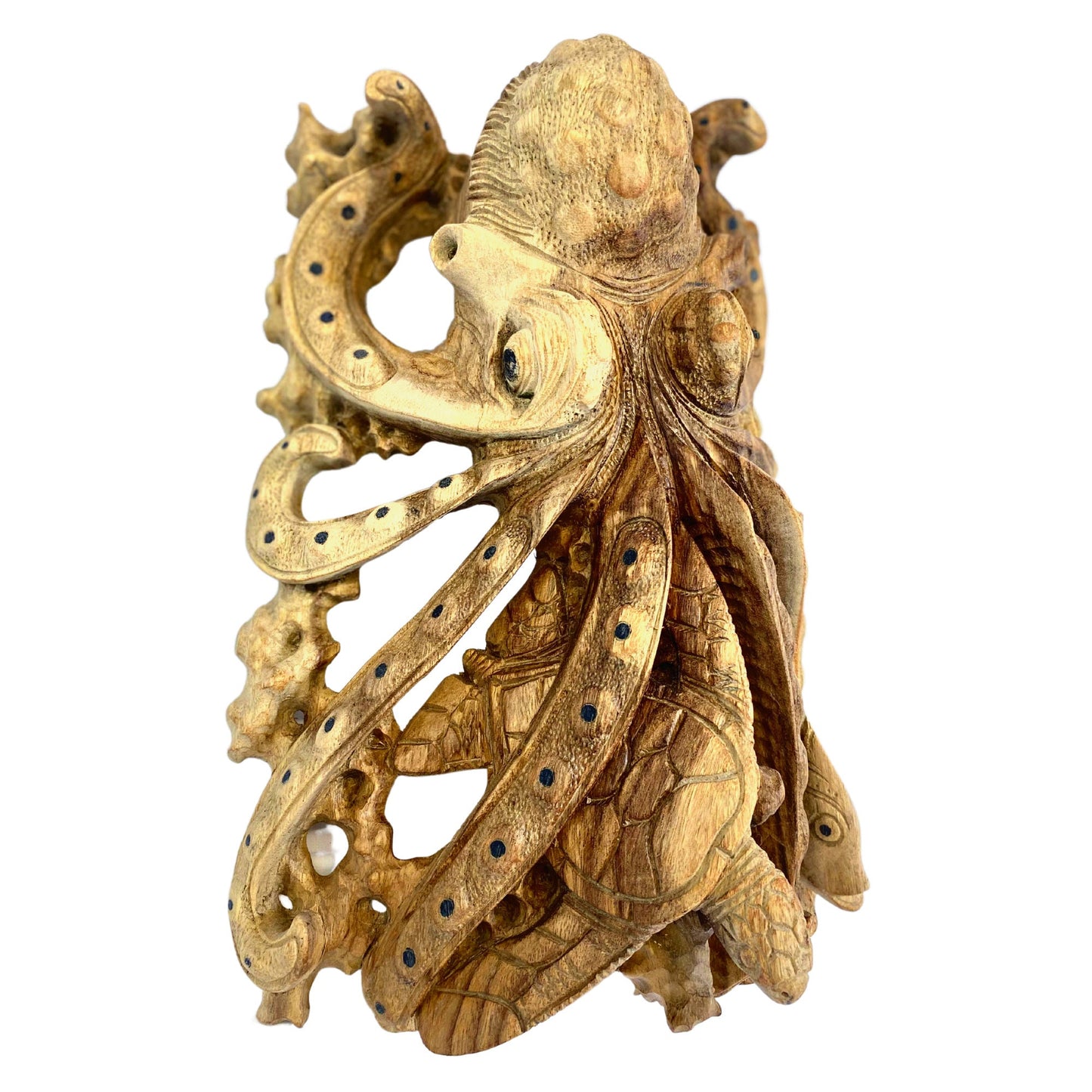 Octopus Marinelife Wood carving Sea Turtle Fish Cellapod Kraken Sculpture Hand Carved Statue Balinese Art Sea life Nautical Beach decor