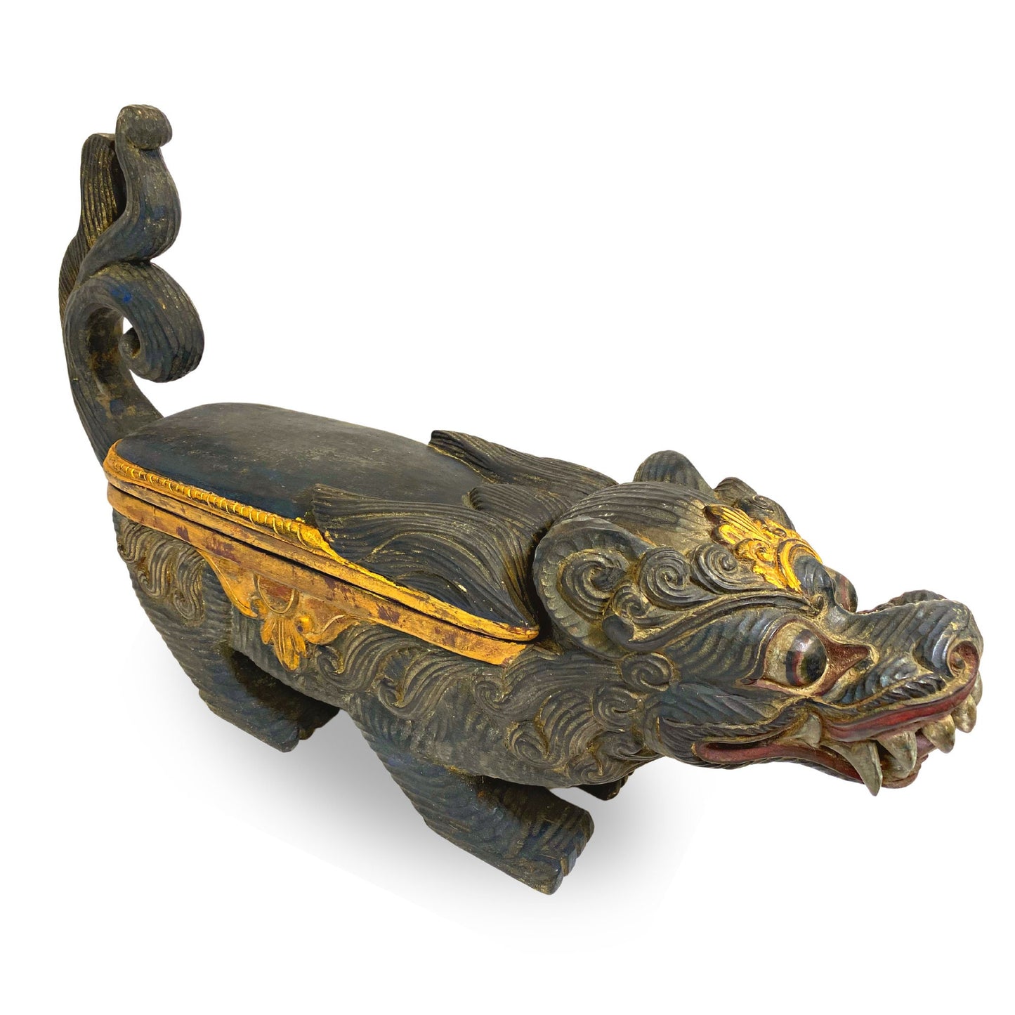 Balinese Singa Foo Dog Statue Temple Keropak Offering BOX Polychrome hand Carved Wood  Bali Folk Art