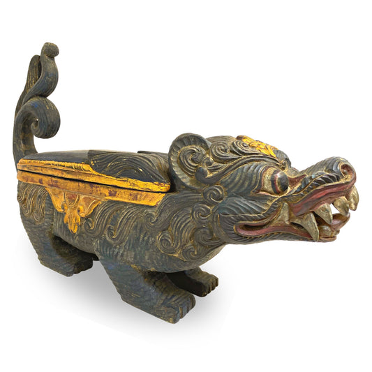 Balinese Singa Foo Dog Statue Temple Keropak Offering BOX Polychrome hand Carved Wood  Bali Folk Art