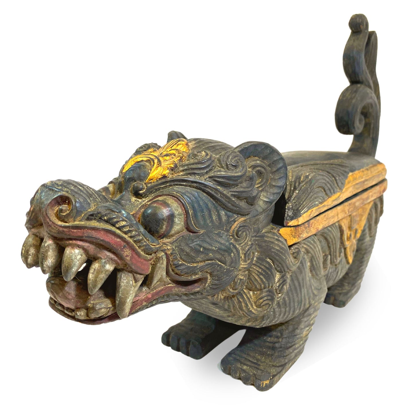 Balinese Singa Foo Dog Statue Temple Keropak Offering BOX Polychrome hand Carved Wood  Bali Folk Art