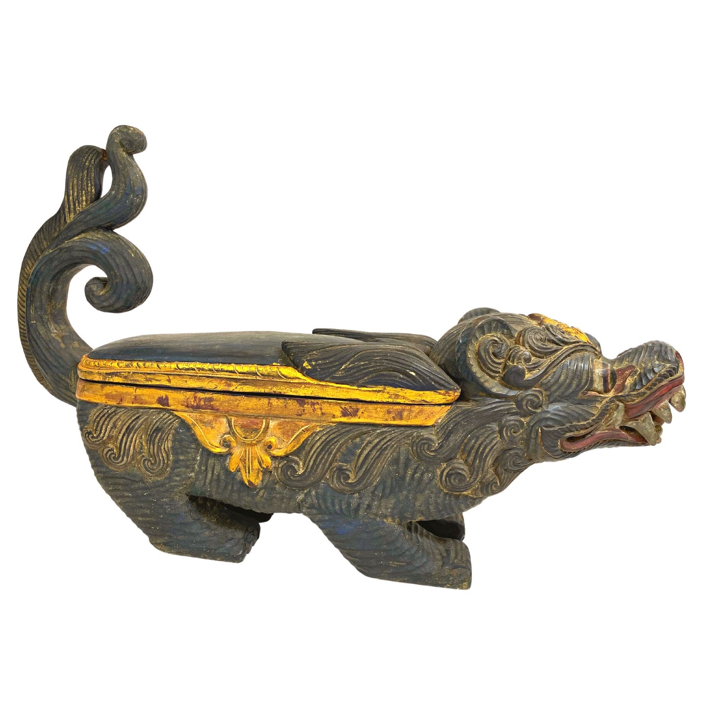 Balinese Singa Foo Dog Statue Temple Keropak Offering BOX Polychrome hand Carved Wood  Bali Folk Art