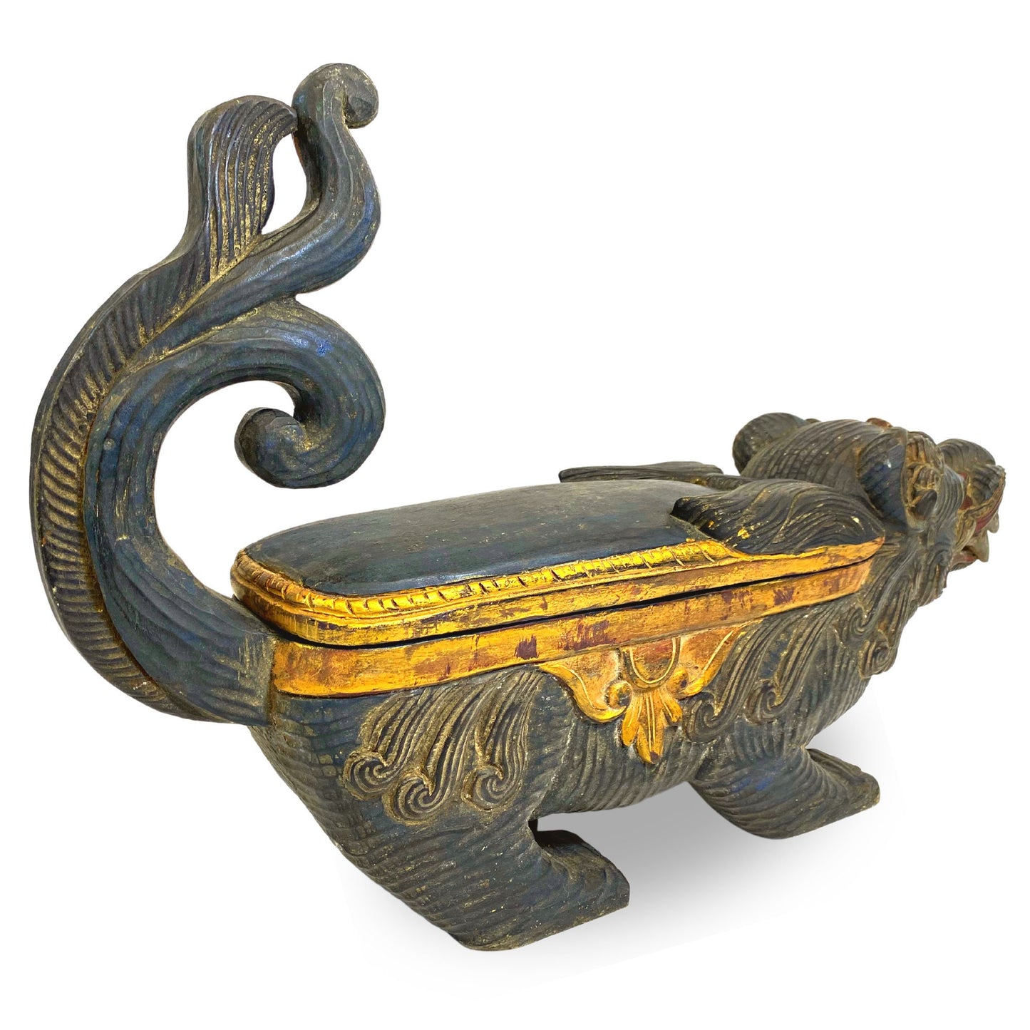 Balinese Singa Foo Dog Statue Temple Keropak Offering BOX Polychrome hand Carved Wood  Bali Folk Art