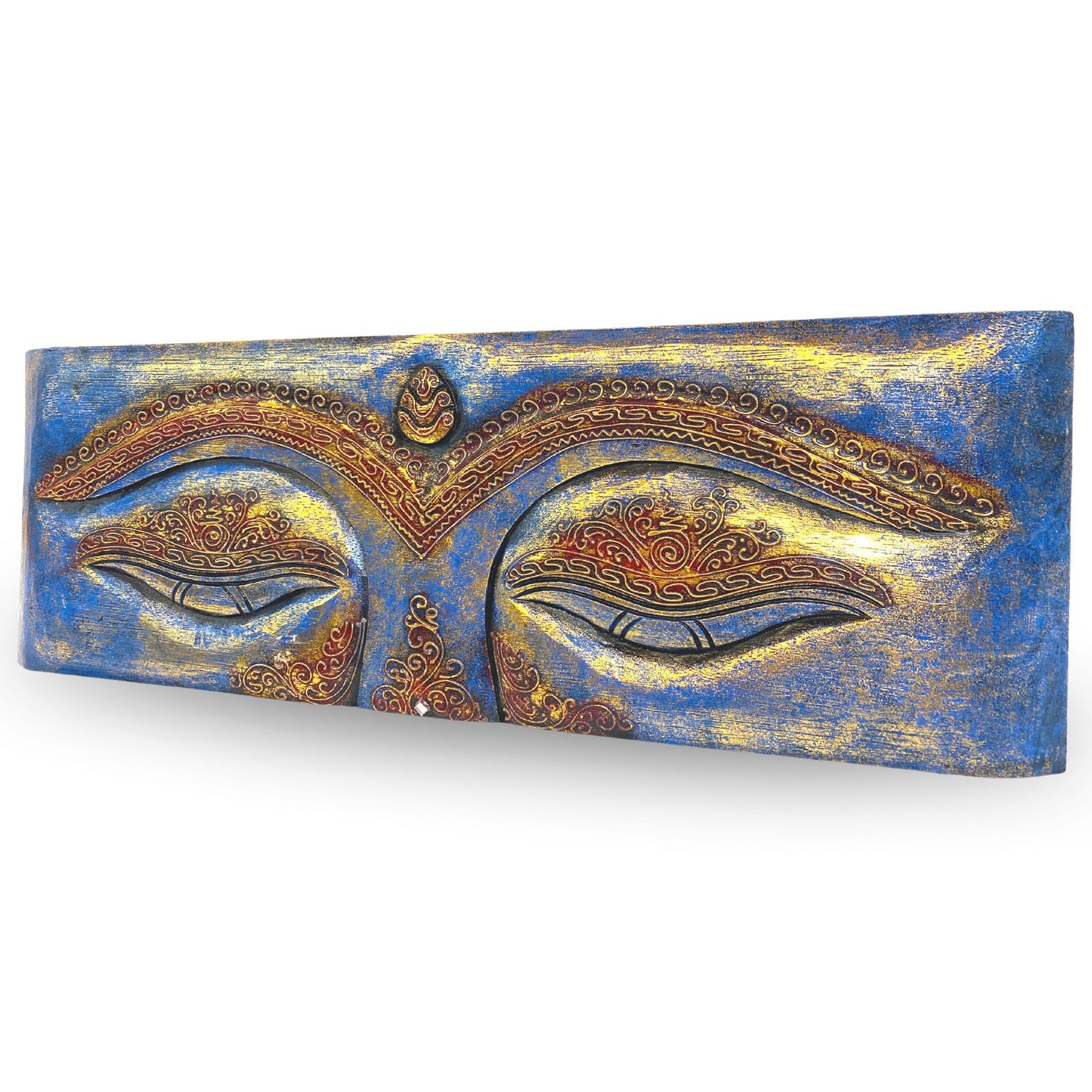 Eyes of Buddha Hand Carved Wood Wall Art Panel Sculpture Blue Balinese Art