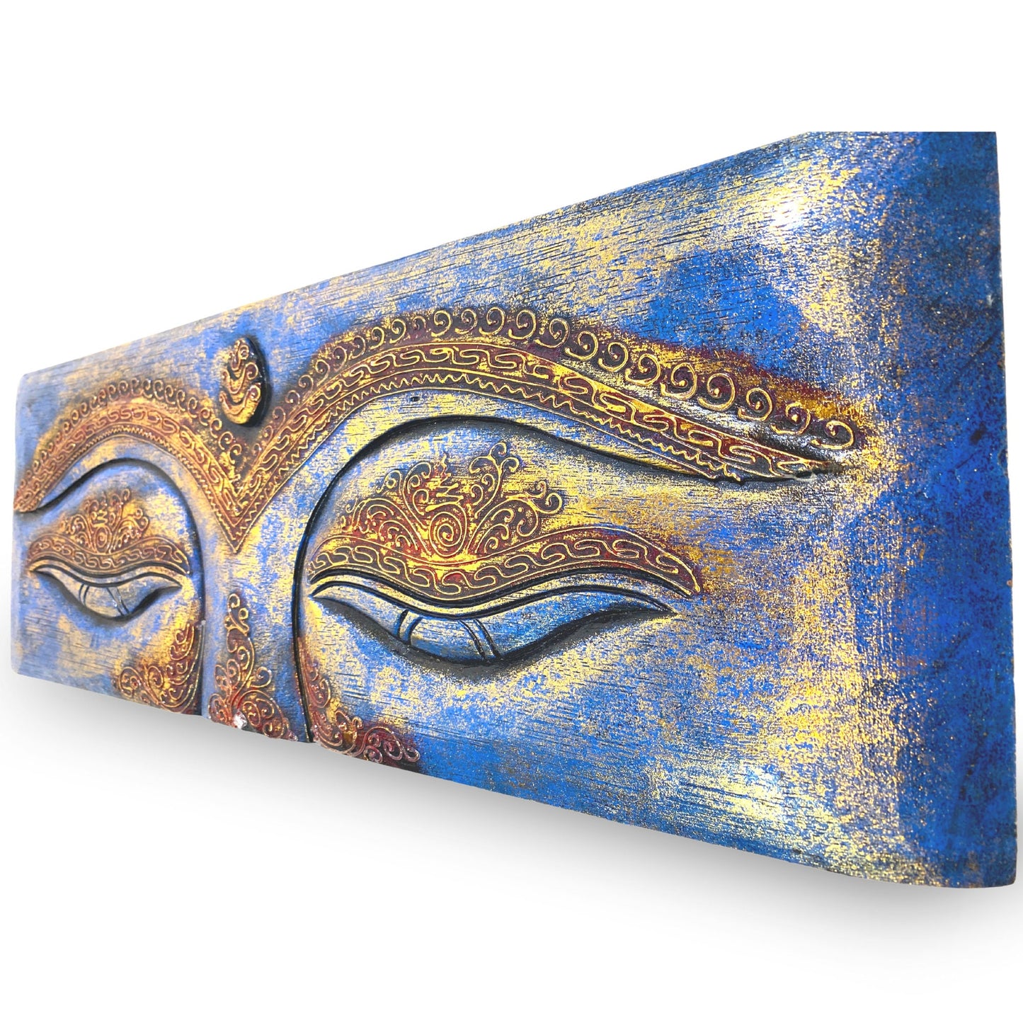 Eyes of Buddha Hand Carved Wood Wall Art Panel Sculpture Blue Balinese Art