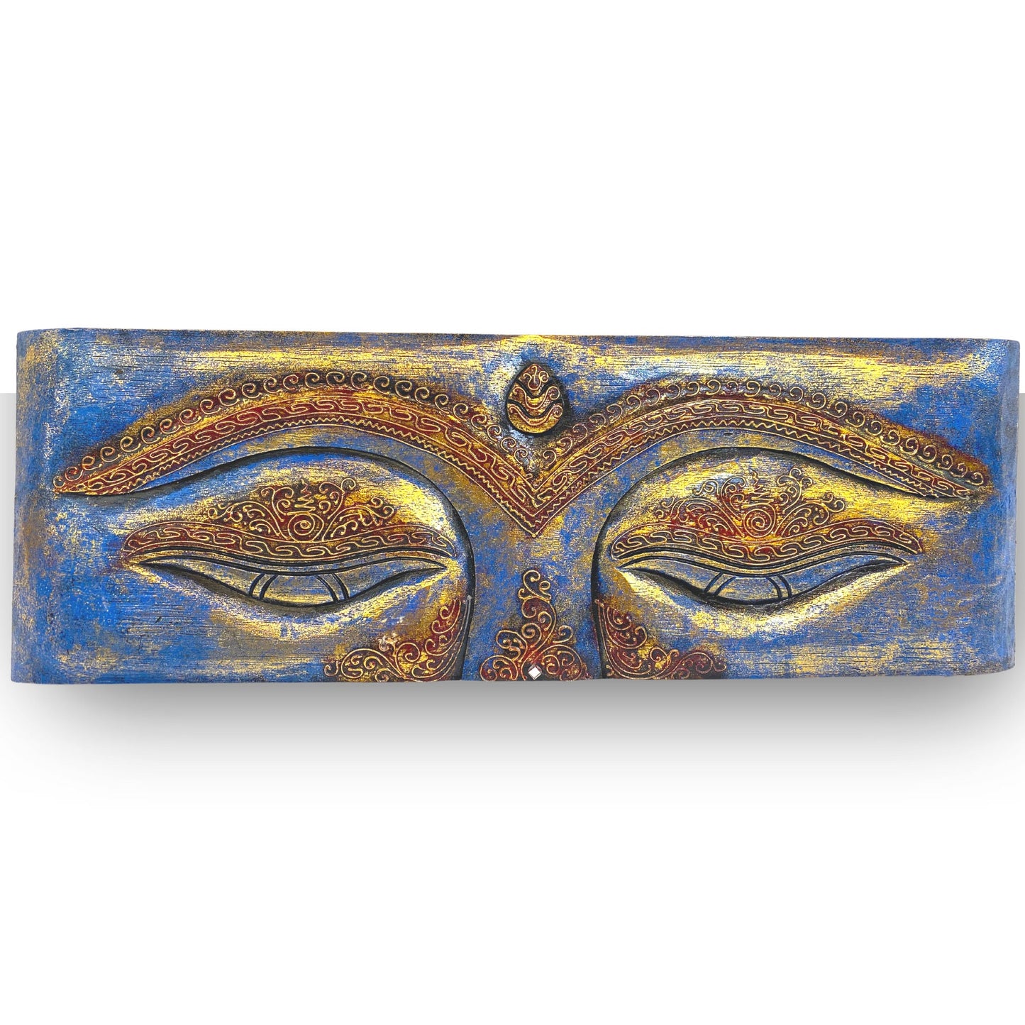 Eyes of Buddha Hand Carved Wood Wall Art Panel Sculpture Blue Balinese Art
