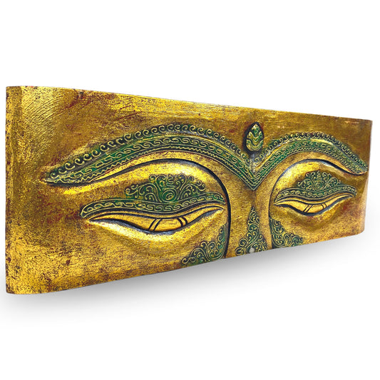 Eyes of Buddha Hand Carved Wood Wall Art Panel Sculpture Gold Balinese Art
