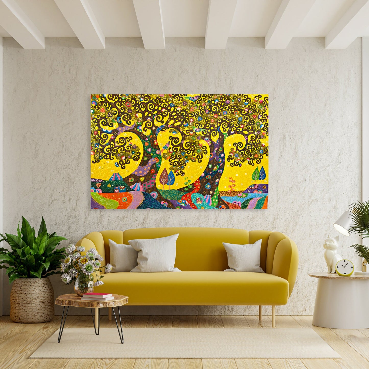 Tree of Life Fine art Painting acrylic on Canvas signed Agung Bali Wall Art Yellow