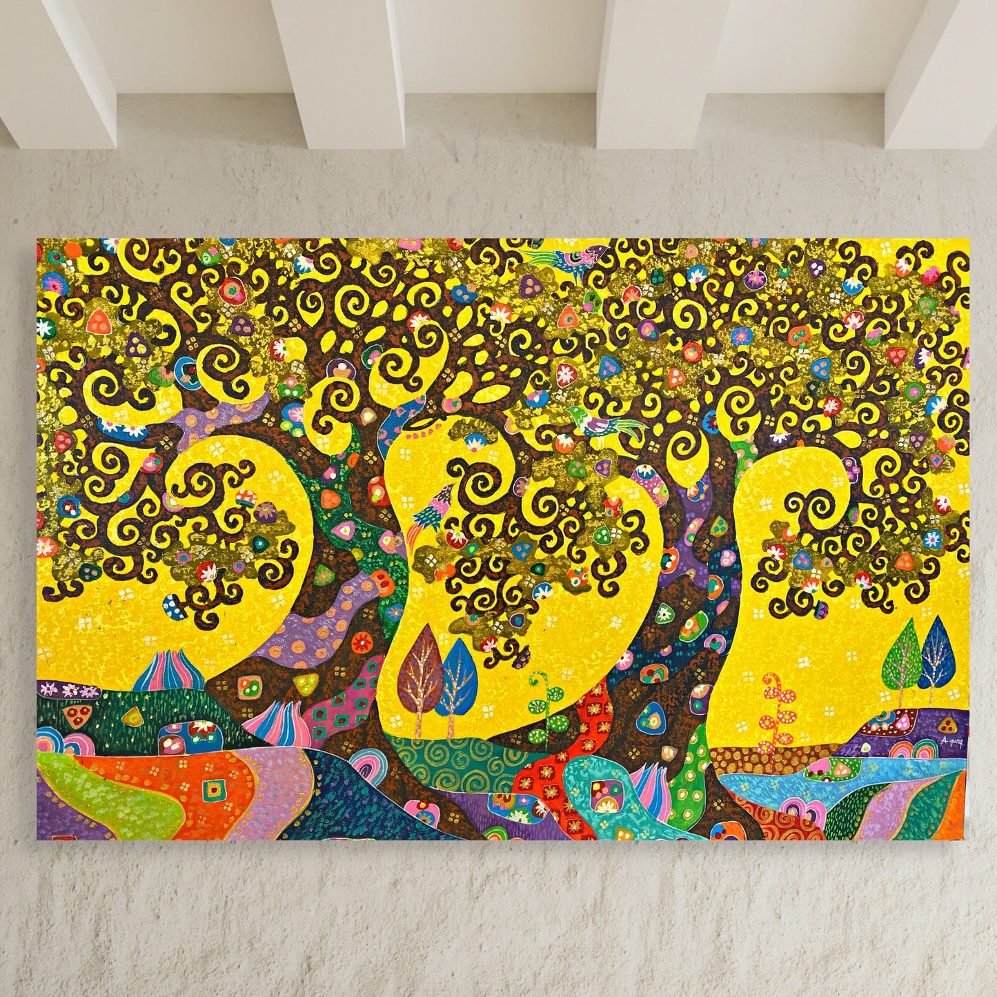 Tree of Life Painting: Klimt-Inspired Original Signed Balinese Wall Art Canvas, 47x32"