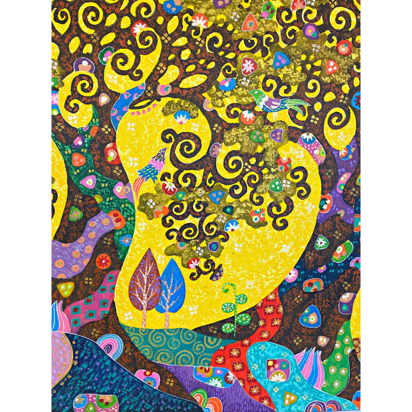 Tree of Life Fine art Painting acrylic on Canvas signed Agung Bali Wall Art Yellow