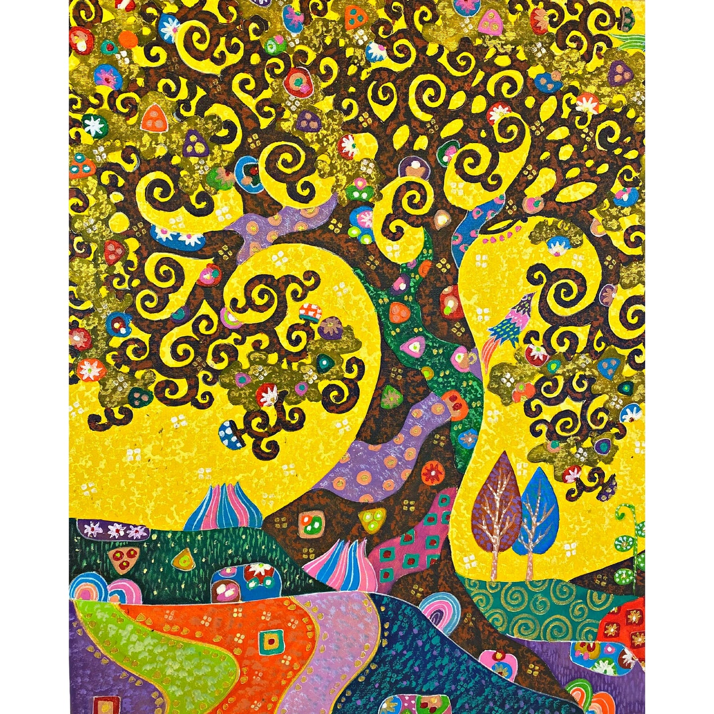 Tree of Life Fine art Painting acrylic on Canvas signed Agung Bali Wall Art Yellow