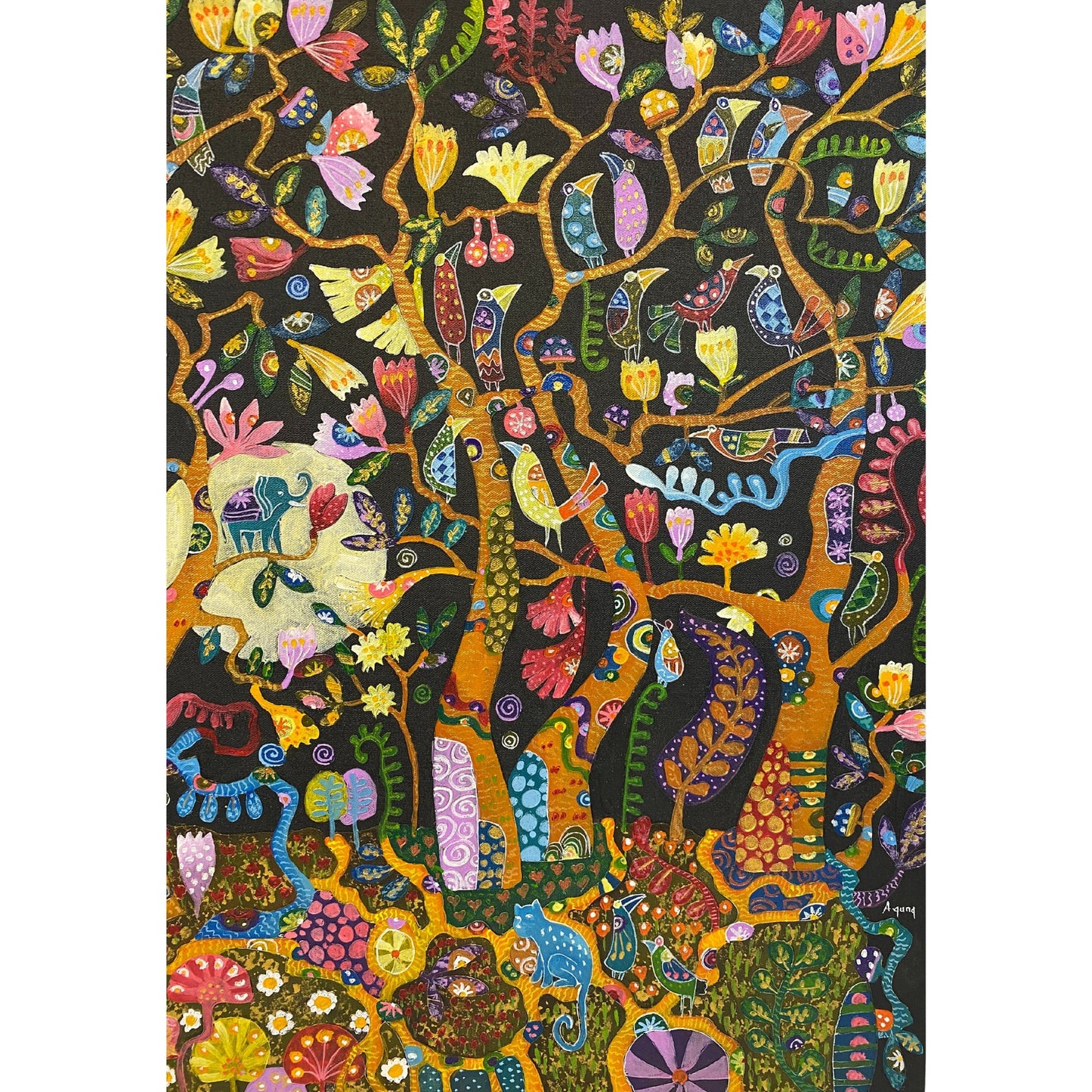 Trees of Life Full Moon Fine art Painting acrylic on Canvas signed Agung Bali Wall Art Ubud Bali Klimt inspired