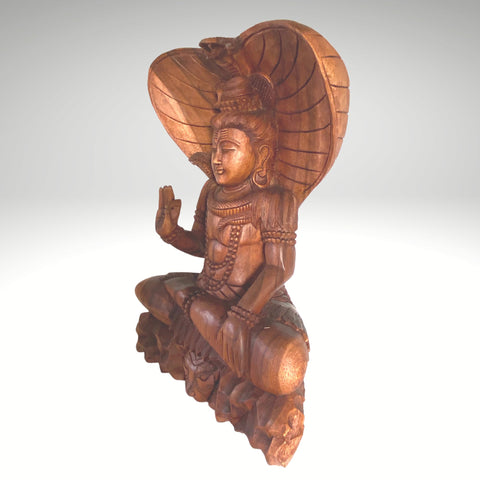 Seated Lord Shiva Wooden Statue hooded Cobra Hand carved wood Carving sculpture Balinese Hinduism Hindu God art 29 in