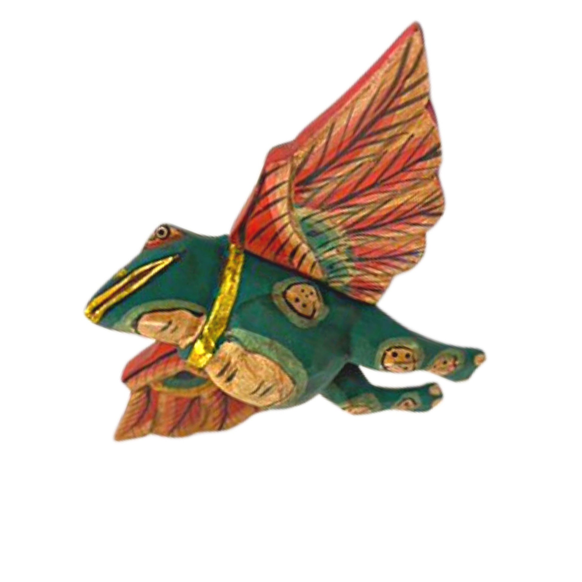 FLYING Frog Mobile Winged Spirit demon Chaser hand carved wood Balinese Folk Art green 6&quot; - Acadia World Traders