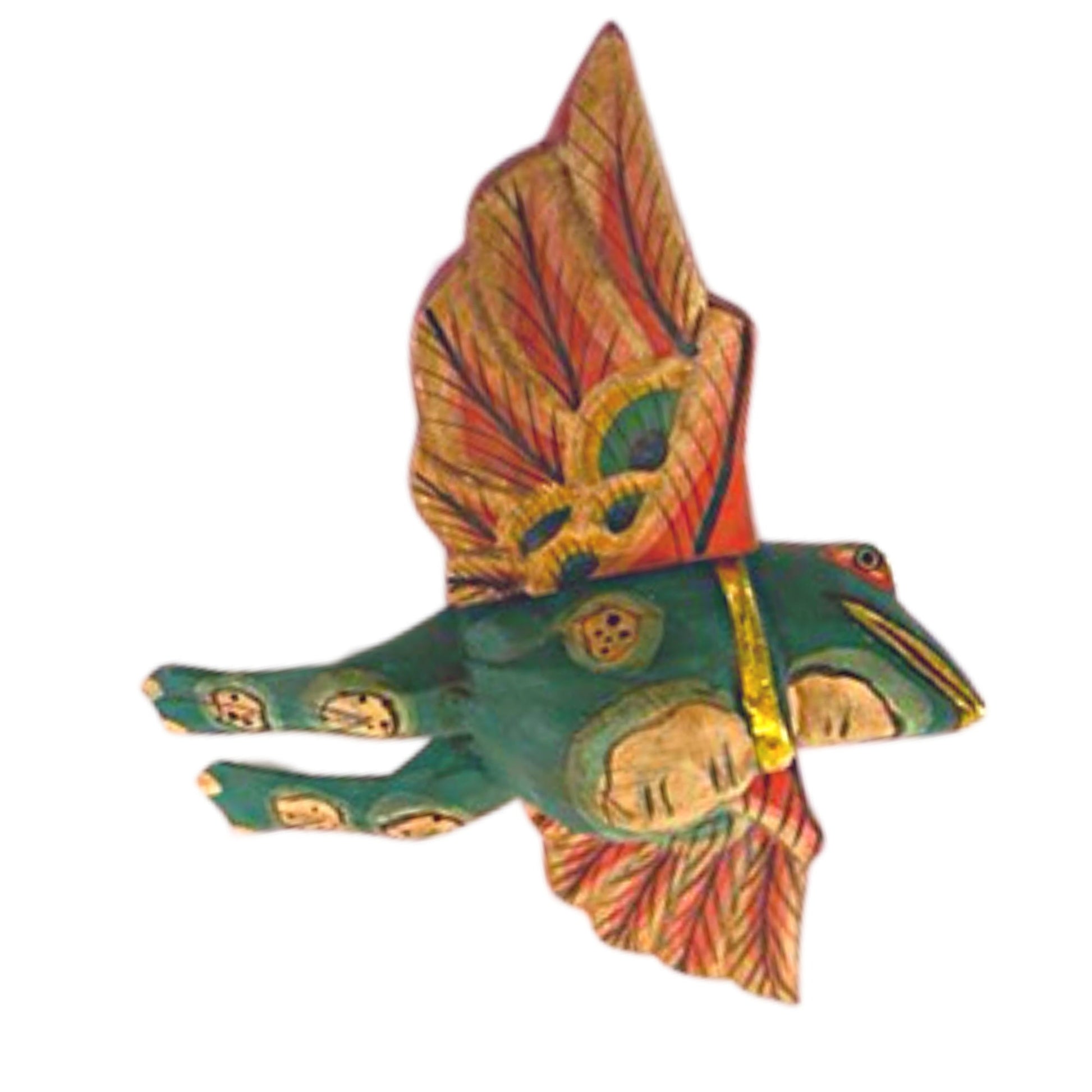 FLYING Frog Mobile Winged Spirit demon Chaser hand carved wood Balinese Folk Art green 6&quot; - Acadia World Traders