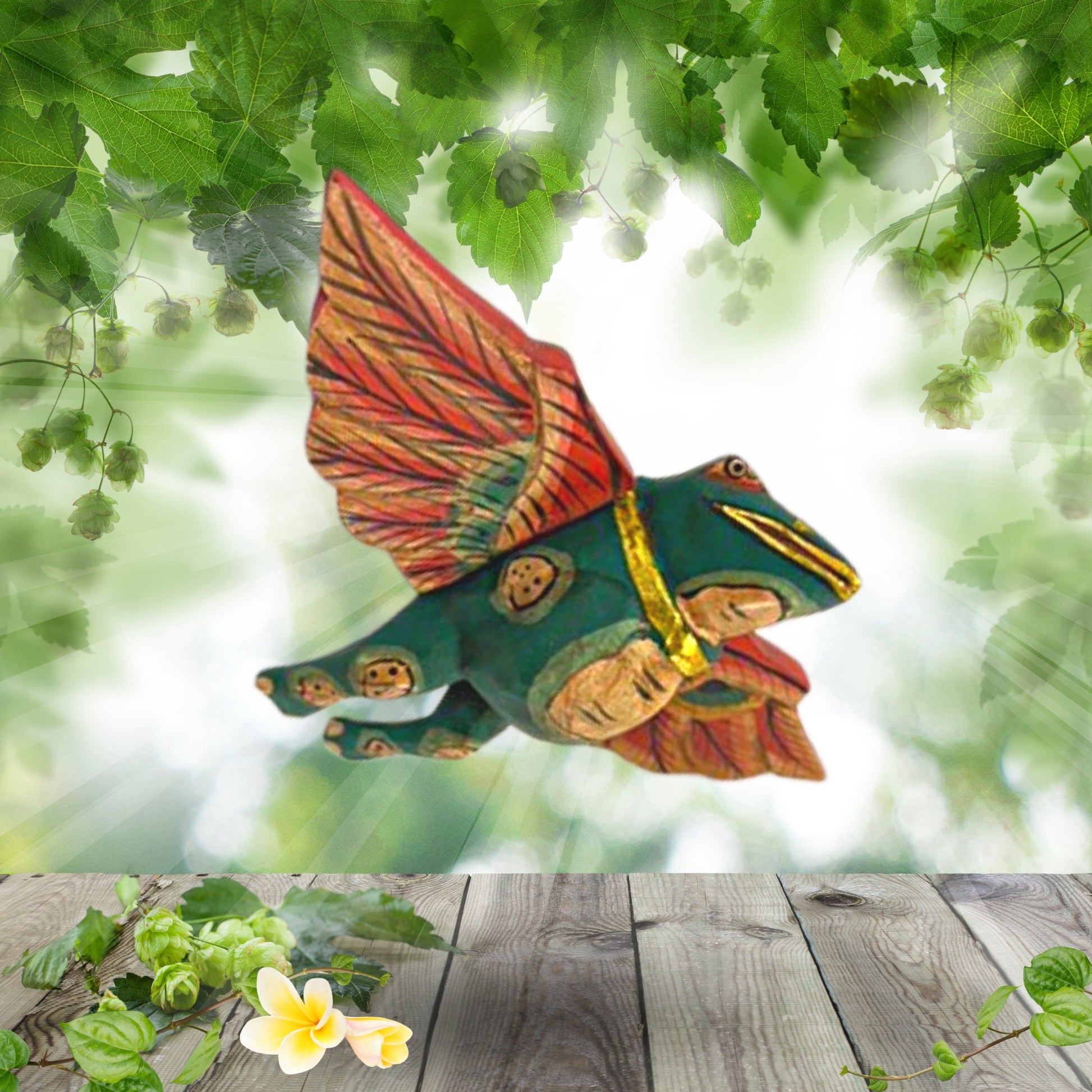 FLYING Frog Mobile Winged Spirit demon Chaser hand carved wood Balinese Folk Art green 6&quot; - Acadia World Traders