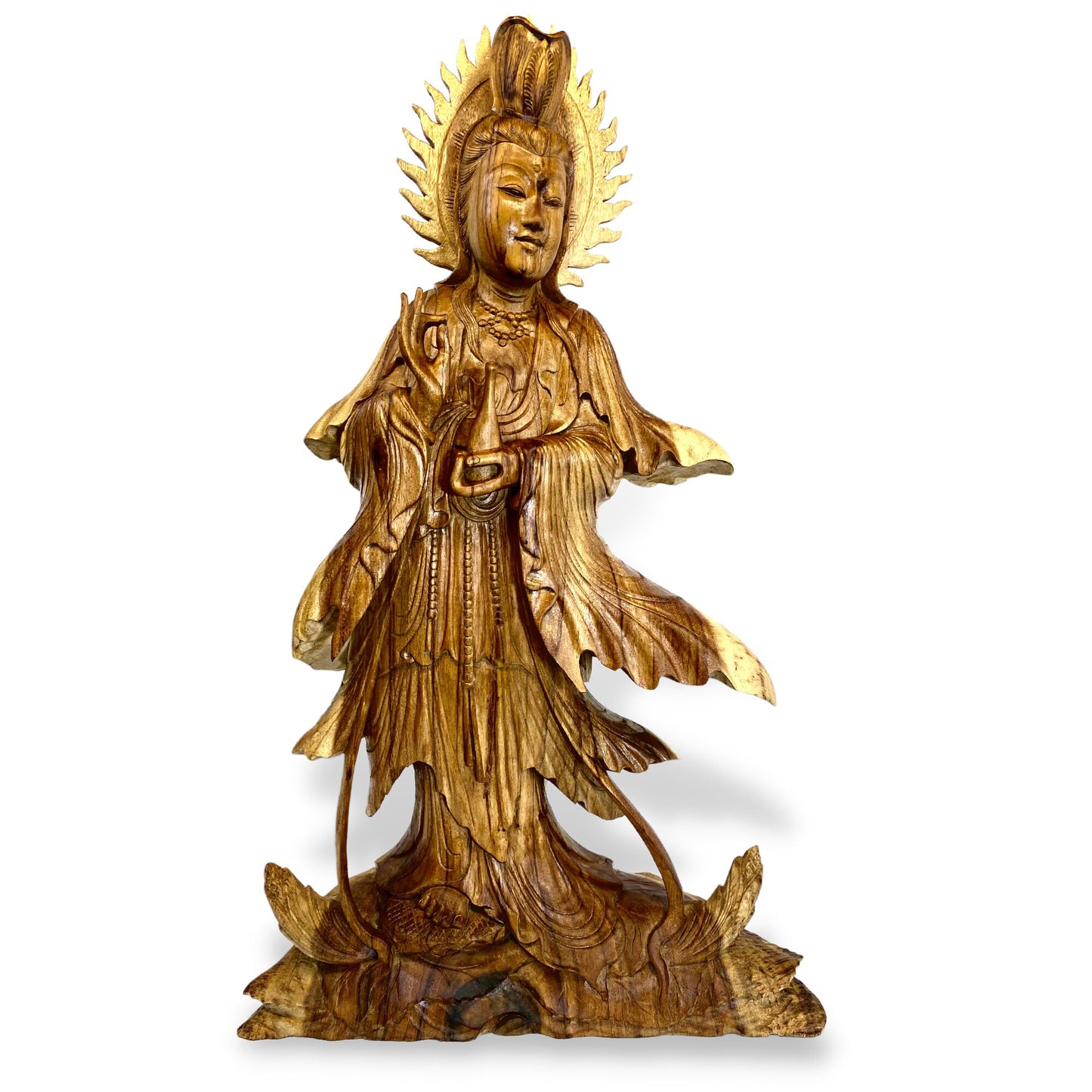 Hand Carved Guanyin Goddess of Compassion Statue: Balinese Wood Sculpture, 31" Tall