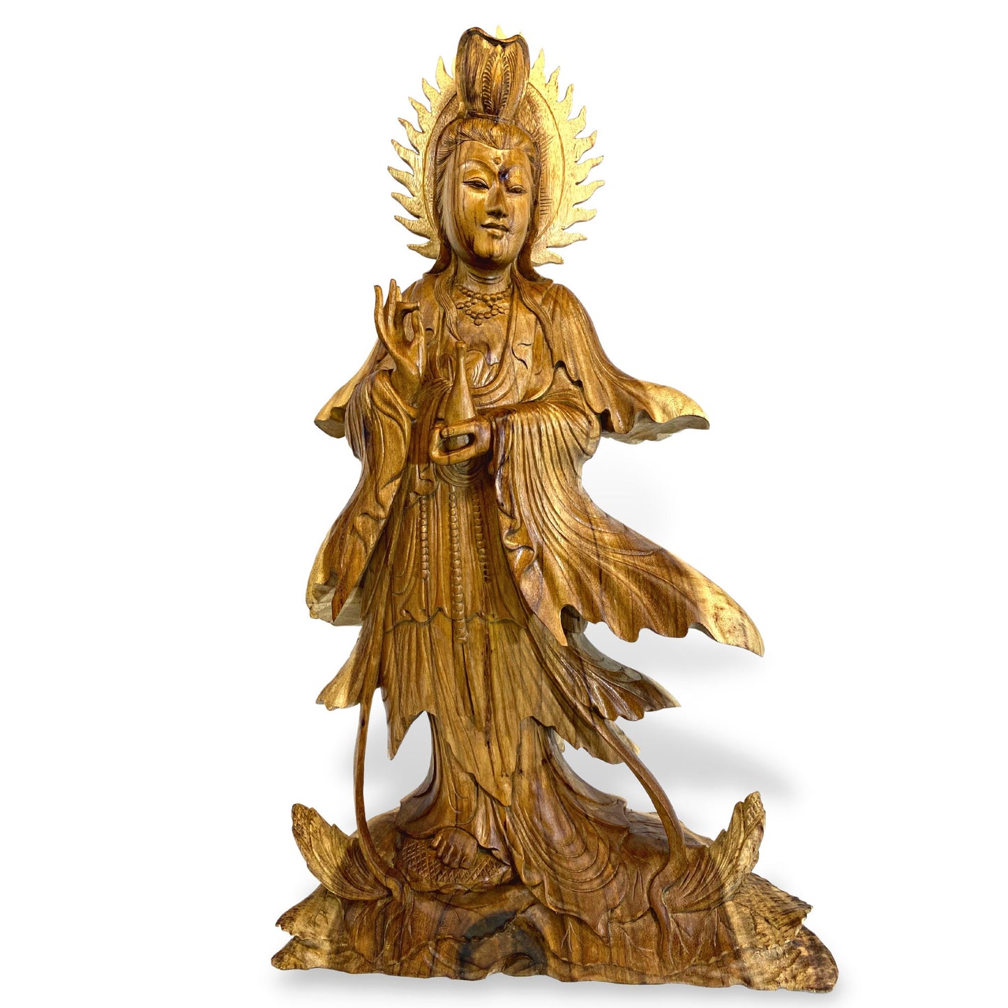 Hand Carved Guanyin Goddess of Compassion Statue: Balinese Wood Sculpture, 31" Tall