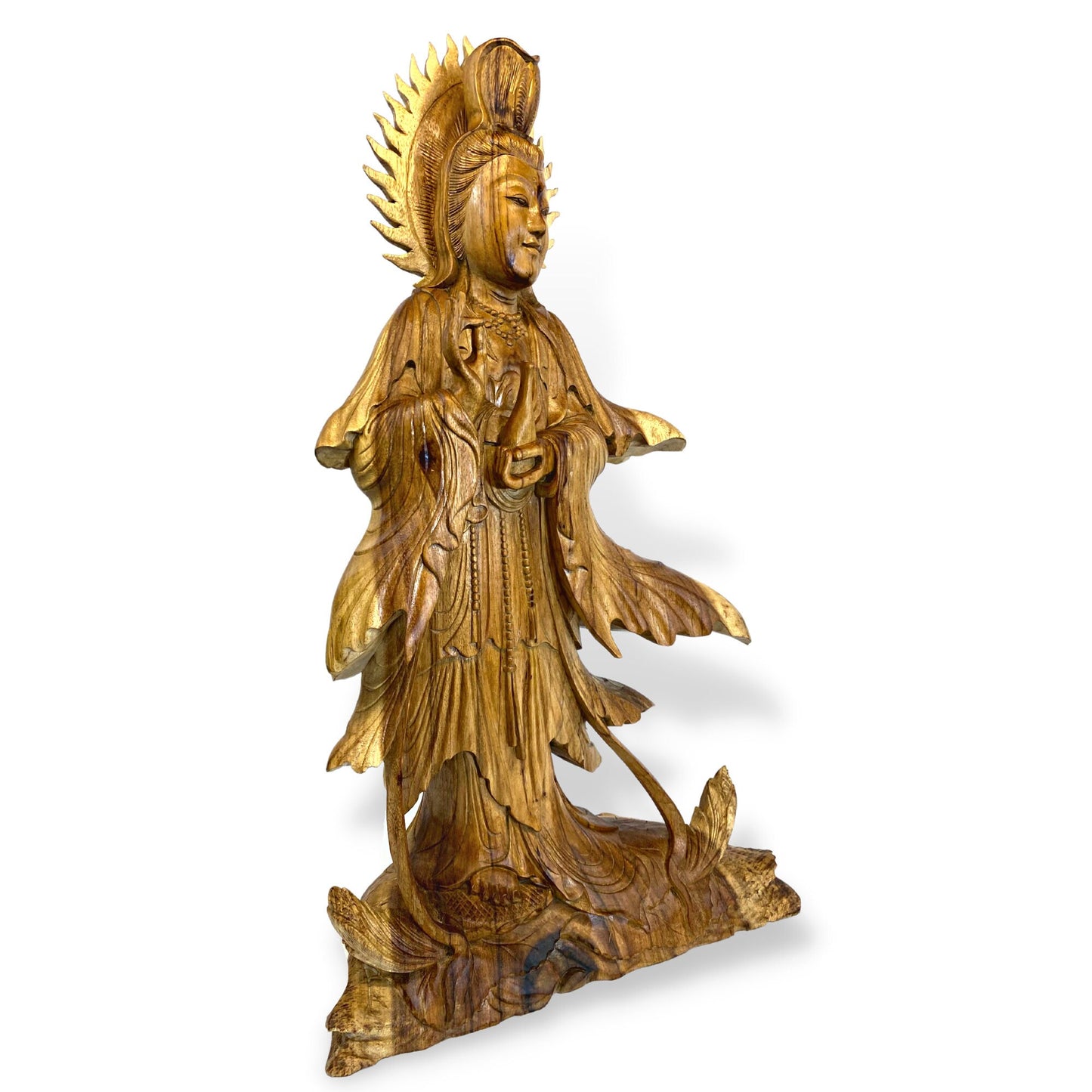 Hand Carved Guanyin Goddess of Compassion Statue: Balinese Wood Sculpture, 31" Tall