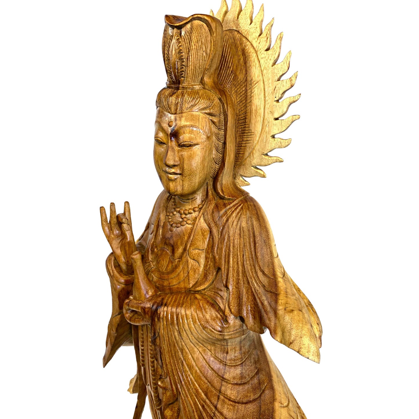 Hand Carved Guanyin Goddess of Compassion Statue: Balinese Wood Sculpture, 31" Tall