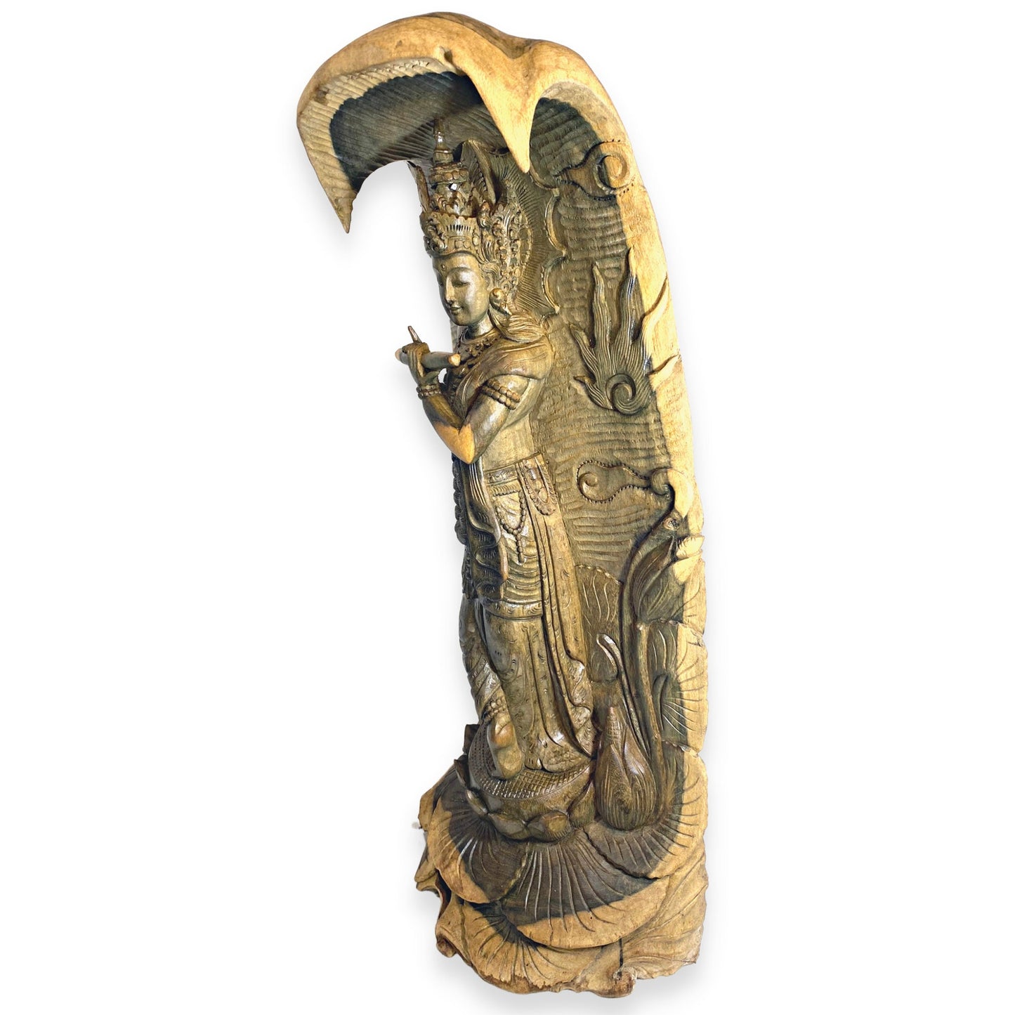 Lord Krishna Sculpture Playing Flute Standing Upon Padma Lotus Base Hand Carved Balinese Wood Statue Carving Bali Art