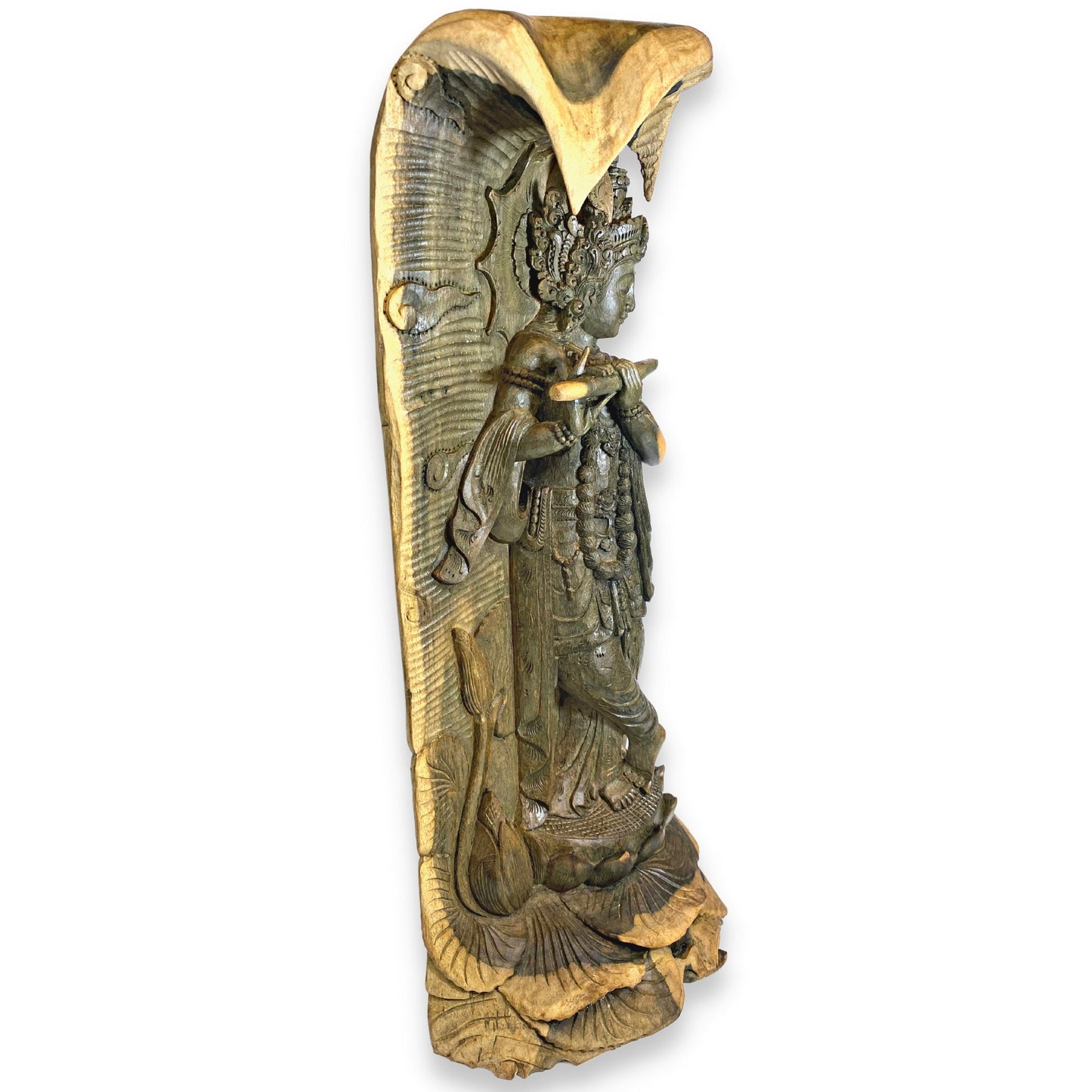 Lord Krishna Sculpture Playing Flute Standing Upon Padma Lotus Base Hand Carved Balinese Wood Statue Carving Bali Art