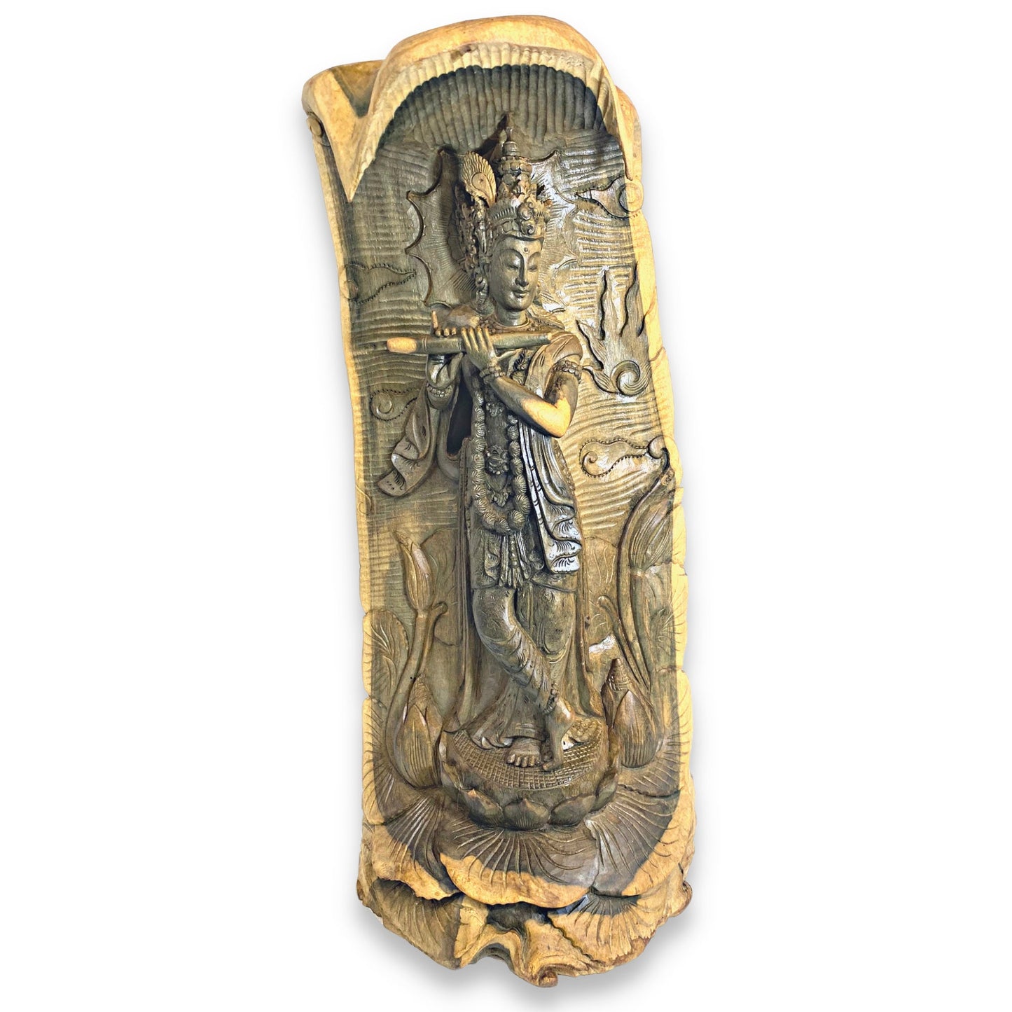 Lord Krishna Sculpture Playing Flute Standing Upon Padma Lotus Base Hand Carved Balinese Wood Statue Carving Bali Art
