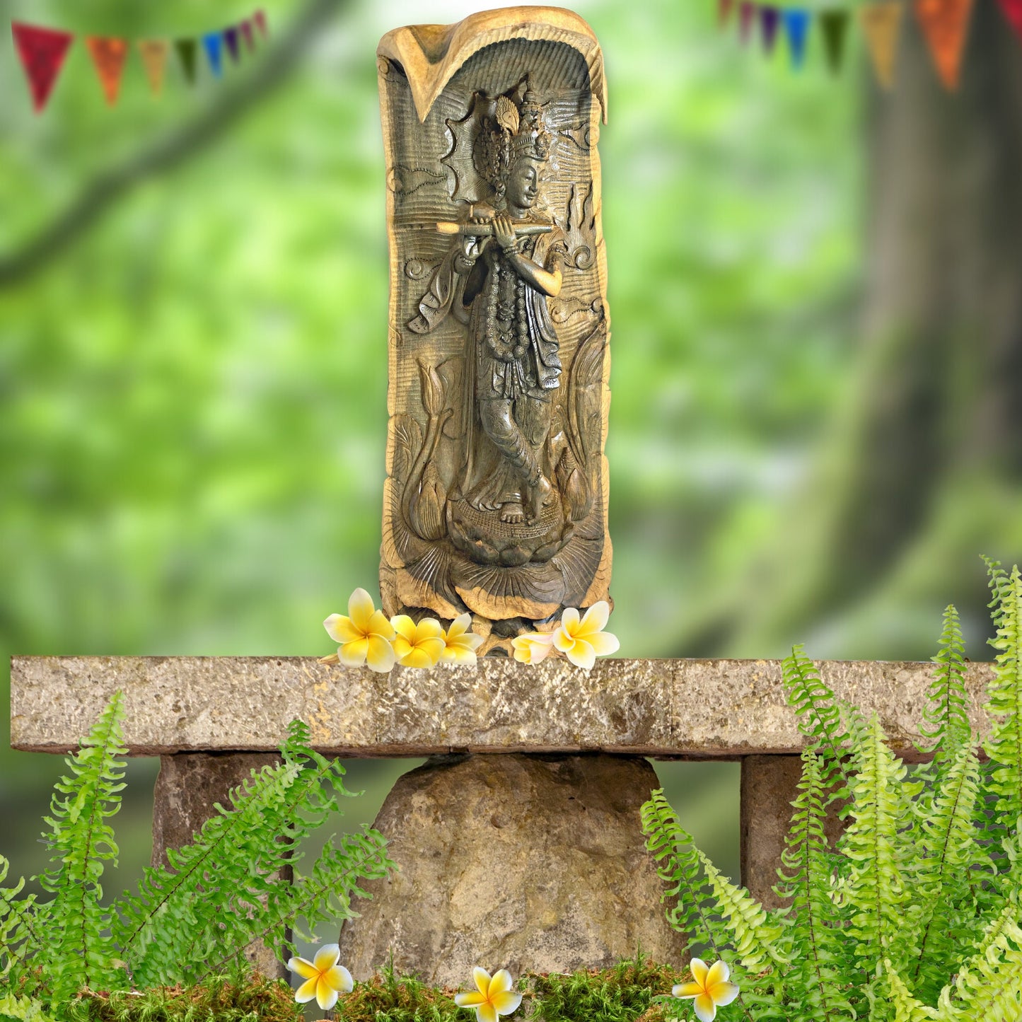 Lord Krishna Sculpture Playing Flute Standing Upon Padma Lotus Base Hand Carved Balinese Wood Statue Carving Bali Art