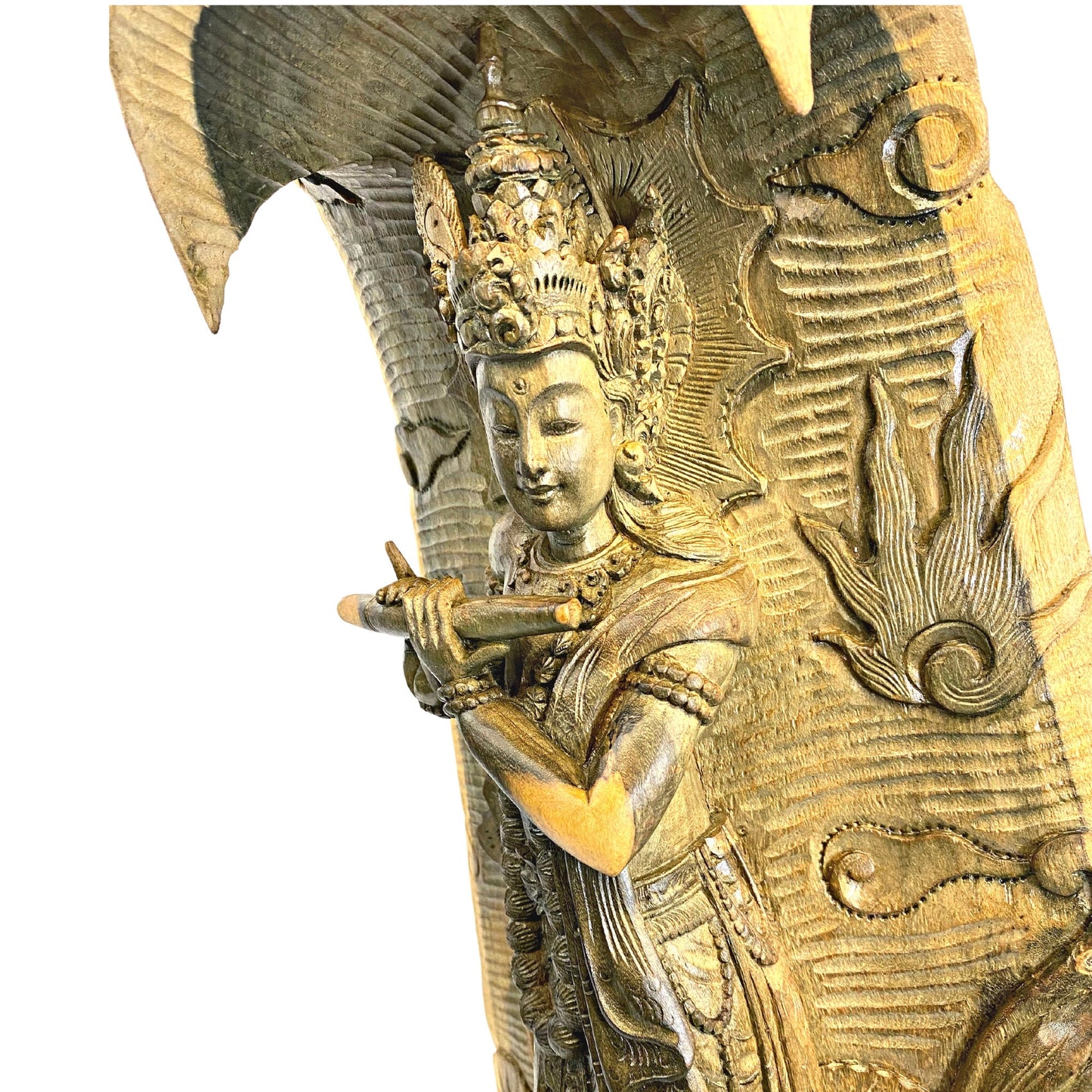 Lord Krishna Sculpture Playing Flute Standing Upon Padma Lotus Base Hand Carved Balinese Wood Statue Carving Bali Art