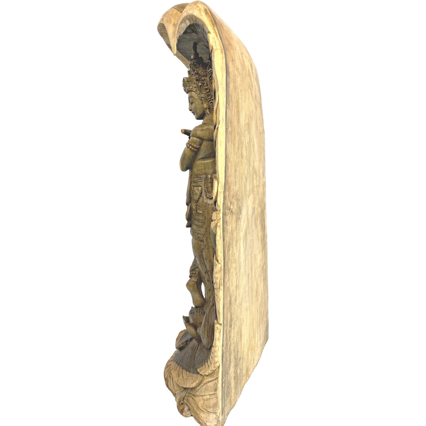 Lord Krishna Sculpture Playing Flute Standing Upon Padma Lotus Base Hand Carved Balinese Wood Statue Carving Bali Art