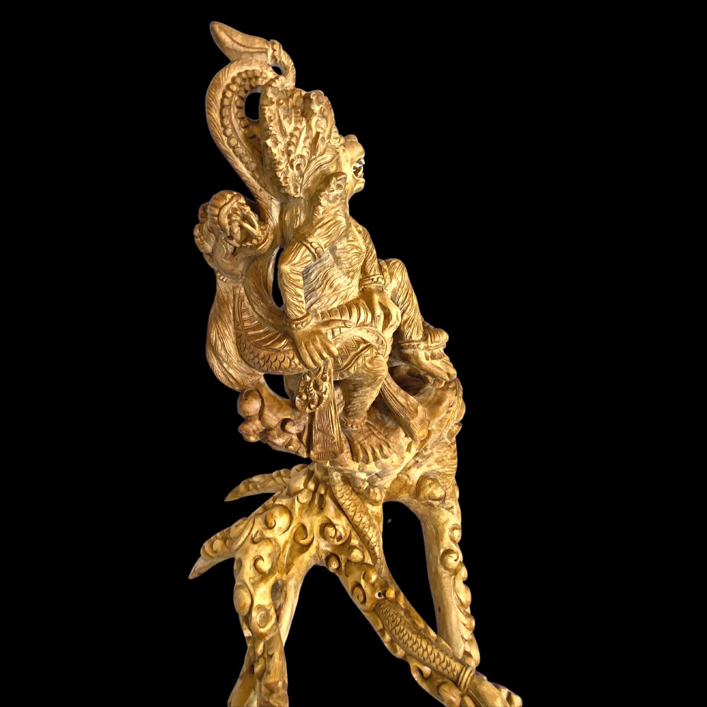 Hanuman Statue Monkey God Fighting With Naga Dragon Frangipani Wood Carving Sculpture Ramayana Bali Folk Art Hand Carved Wood