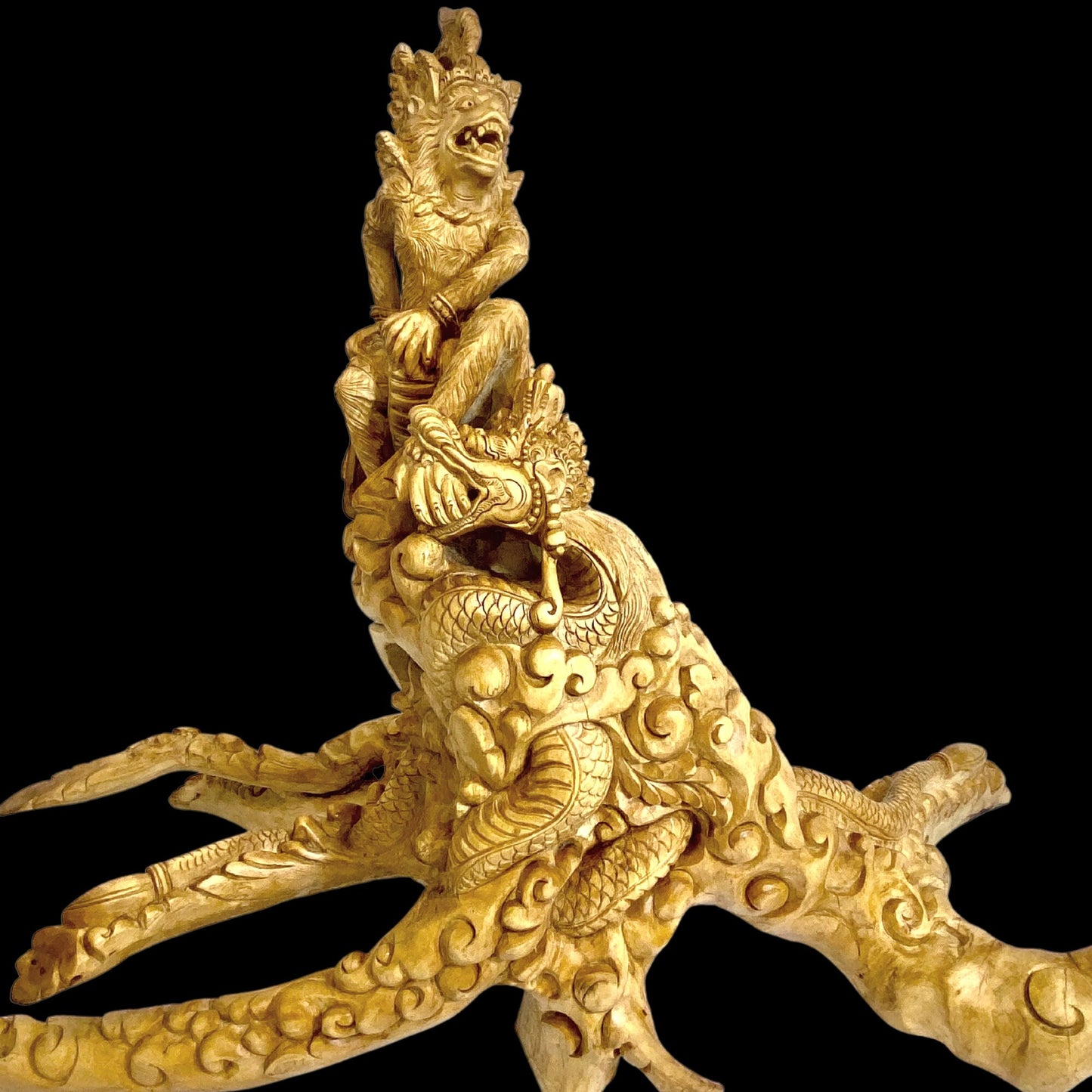 Hanuman Statue Monkey God Fighting With Naga Dragon Frangipani Wood Carving Sculpture Ramayana Bali Folk Art Hand Carved Wood