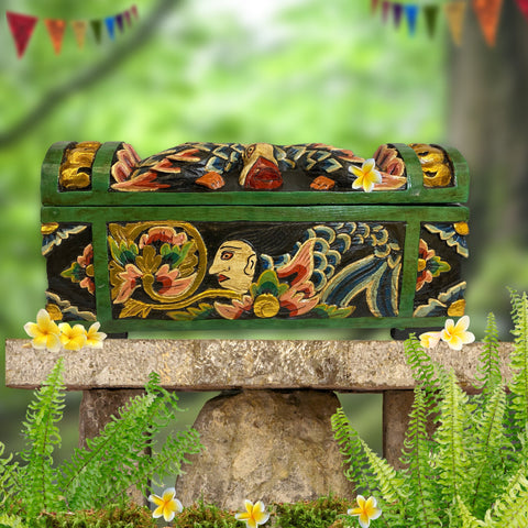 Balinese Mermaid & Fish DOWRY Temple Offering BOX Hand Carved Polychrome Painted Wood Bali Folk Art Stash Box