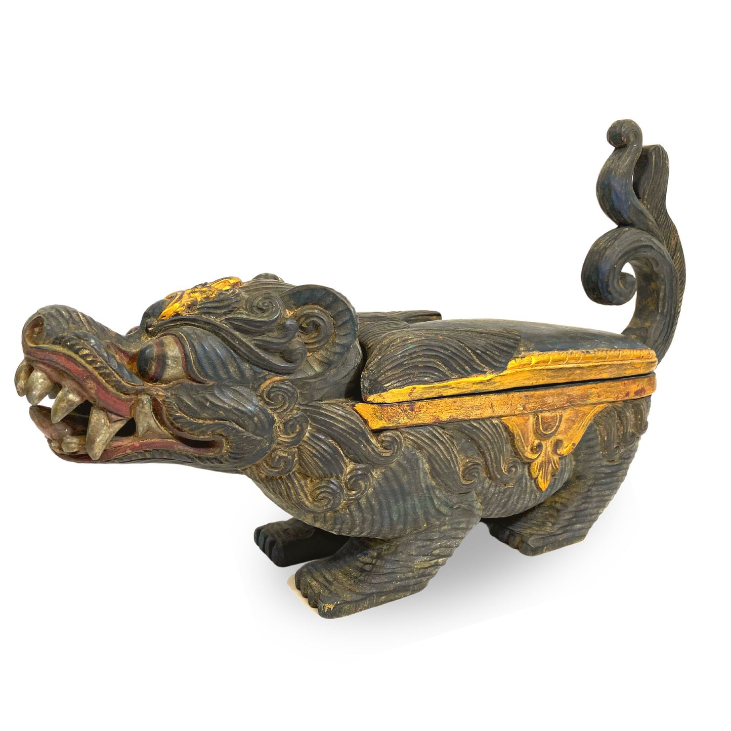 Balinese Singa Foo Dog Statue Temple Keropak Offering BOX Polychrome hand Carved Wood  Bali Folk Art