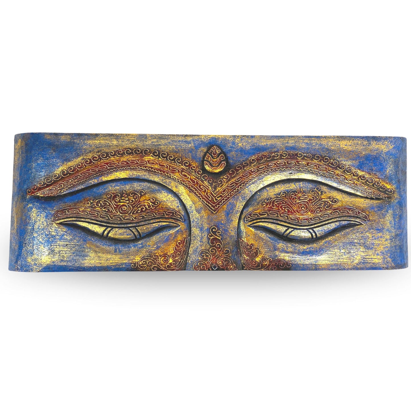 Eyes of Buddha Hand Carved Wood Wall Art Panel Sculpture Blue Balinese Art