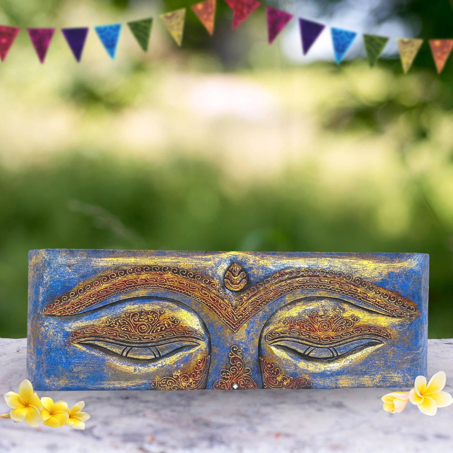 Eyes of Buddha Hand Carved Wood Wall Art Panel Sculpture Blue Balinese Art