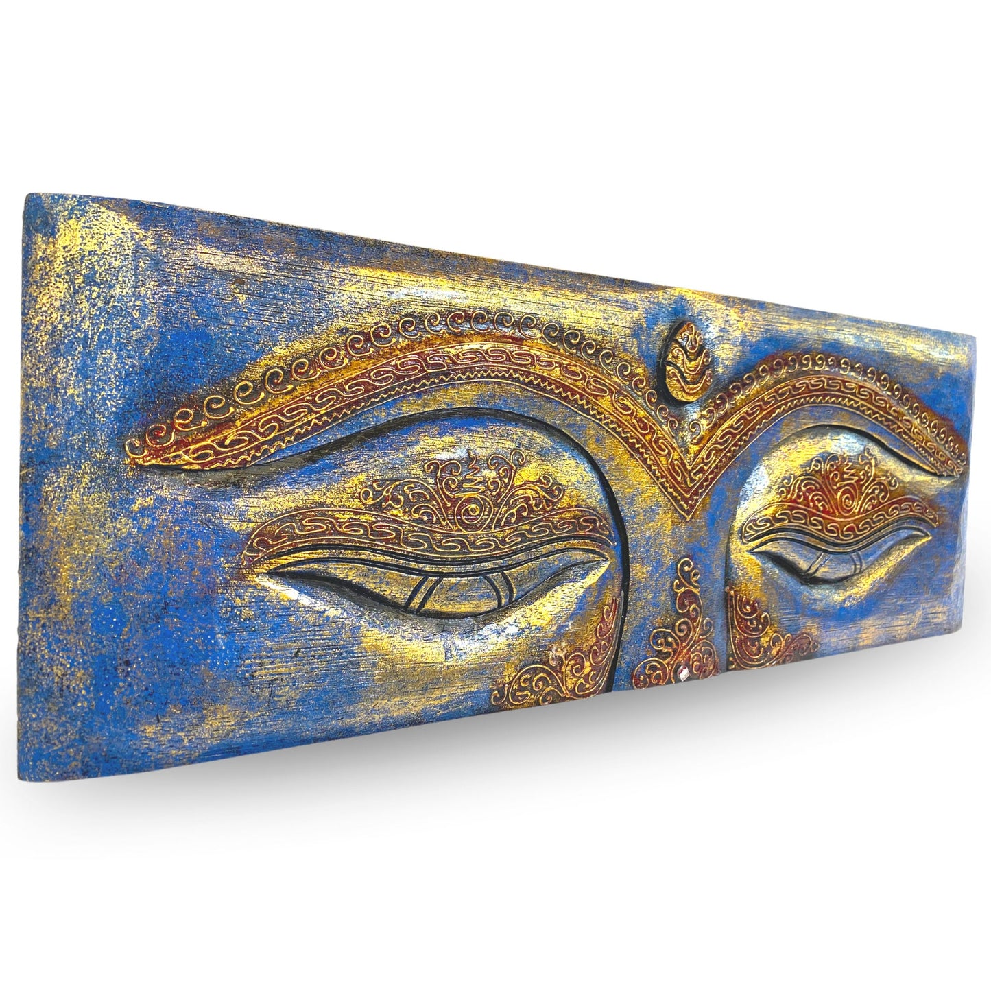 Eyes of Buddha Hand Carved Wood Wall Art Panel Sculpture Blue Balinese Art