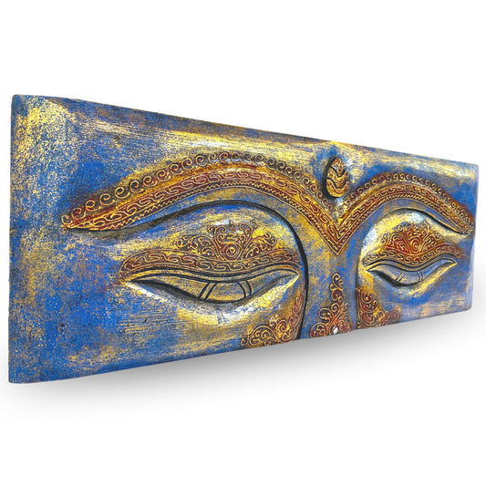 Eyes of Buddha Hand Carved Wood Wall Art Panel Sculpture Blue Balinese Art