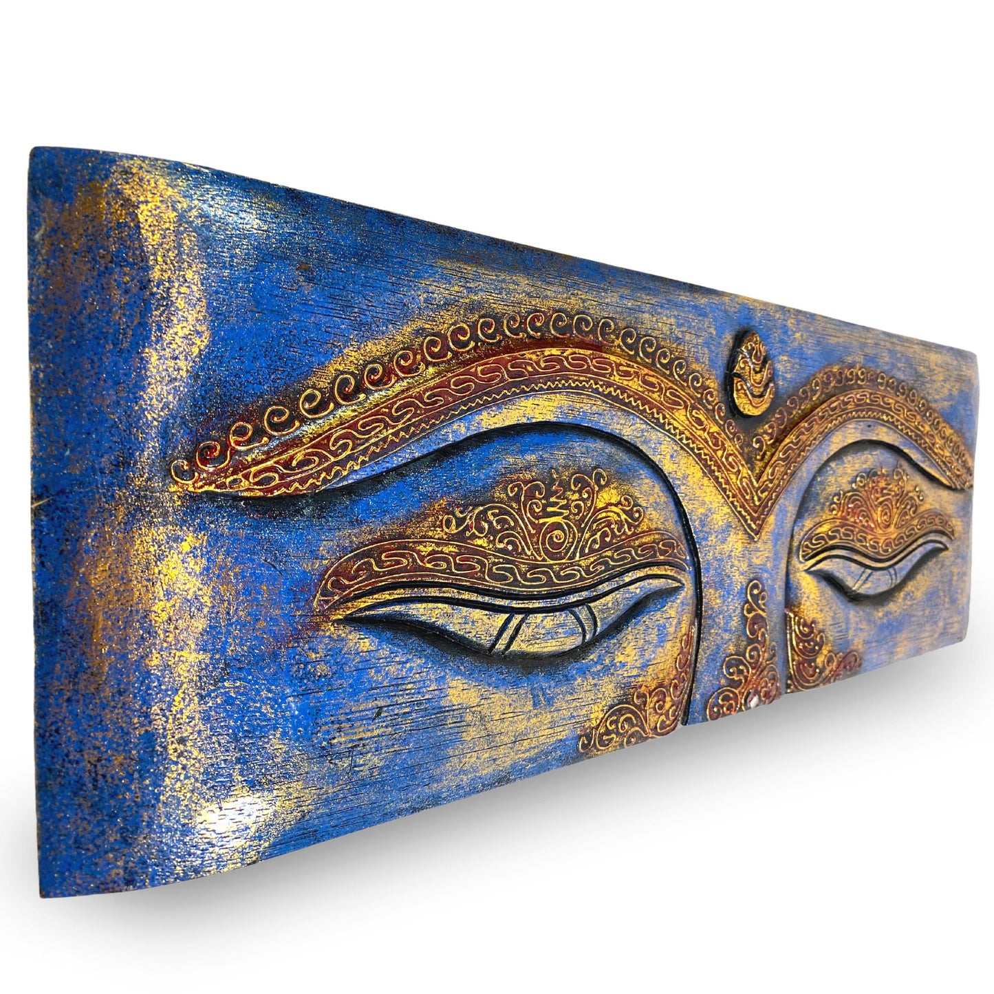 Eyes of Buddha Hand Carved Wood Wall Art Panel Sculpture Blue Balinese Art