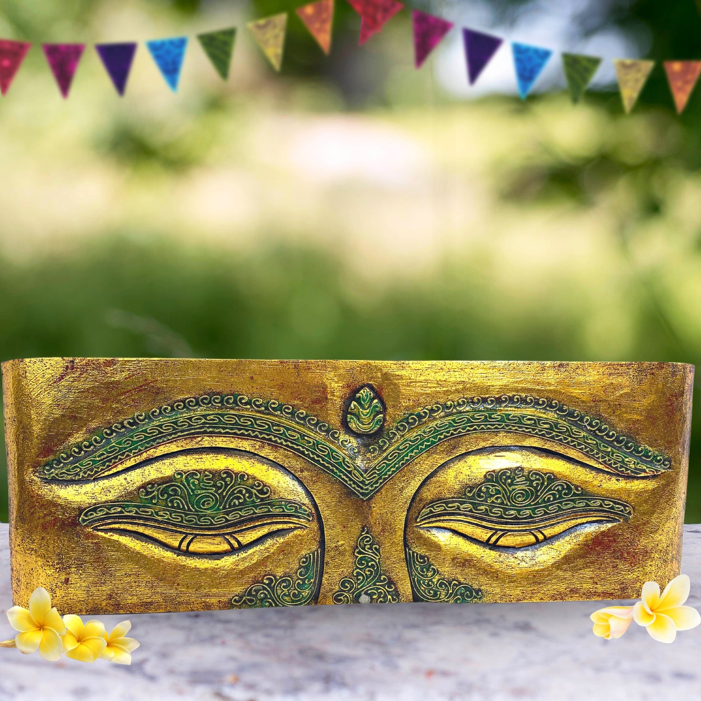 Eyes of Buddha Hand Carved Wood Wall Art Panel Sculpture Gold Balinese Art