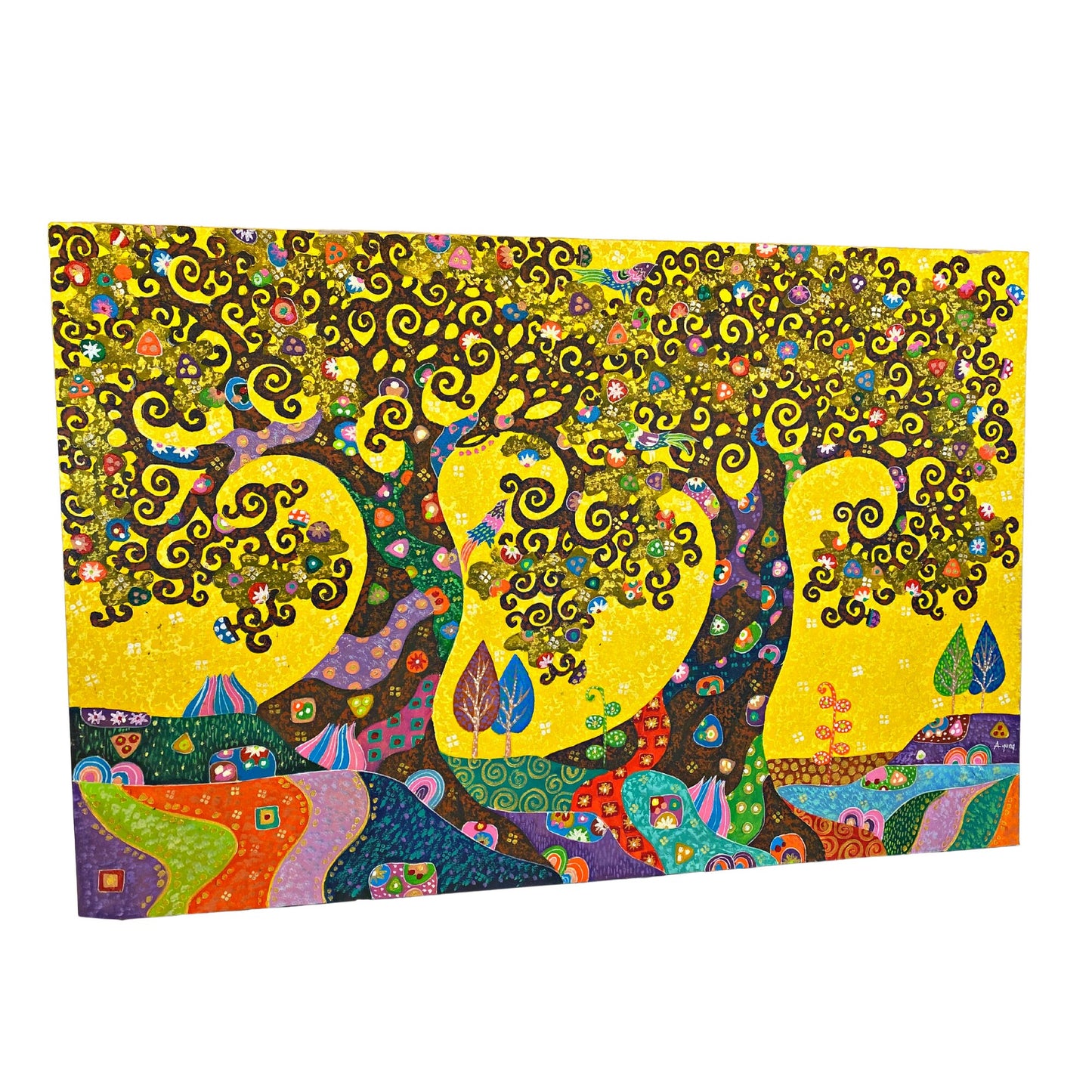 Tree of Life Fine art Painting acrylic on Canvas signed Agung Bali Wall Art Yellow