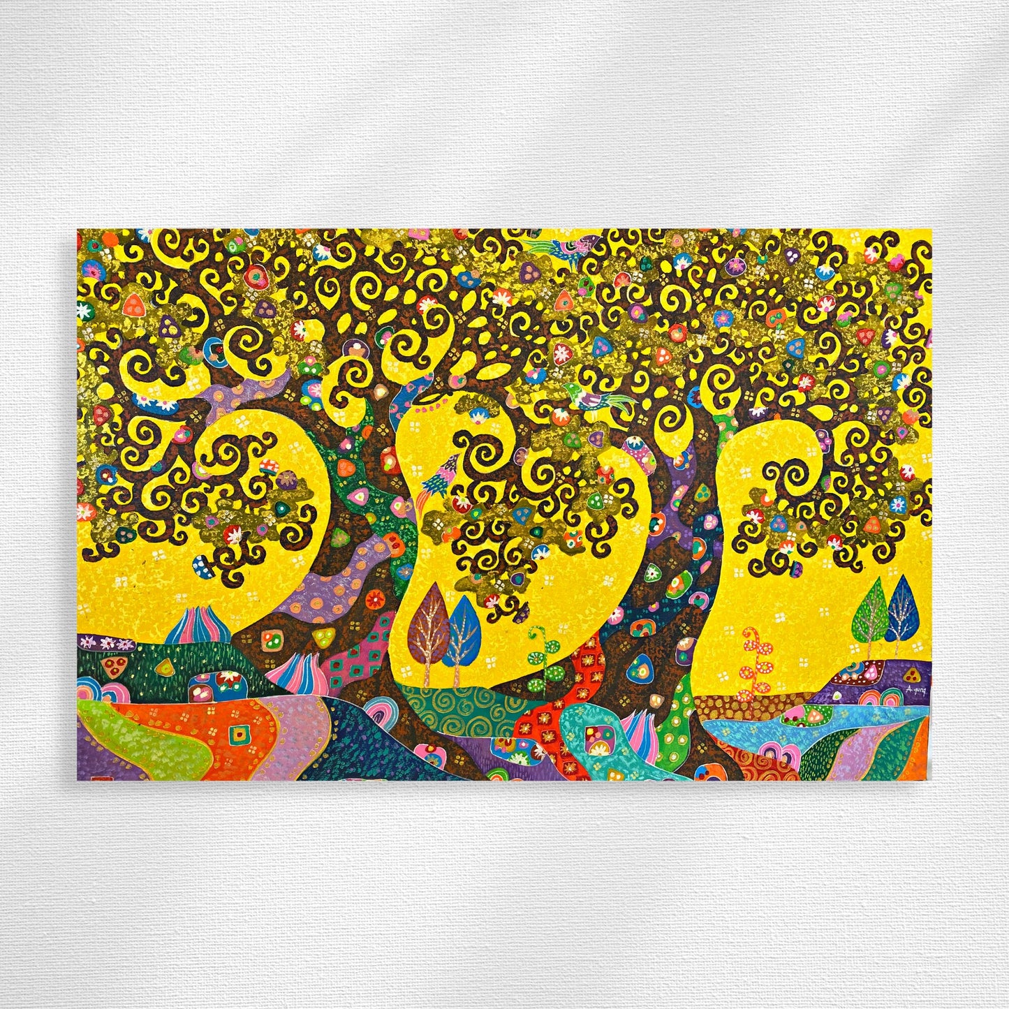 Tree of Life Fine art Painting acrylic on Canvas signed Agung Bali Wall Art Yellow