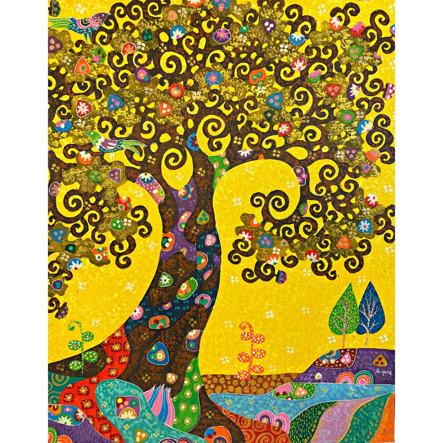 Tree of Life Fine art Painting acrylic on Canvas signed Agung Bali Wall Art Yellow