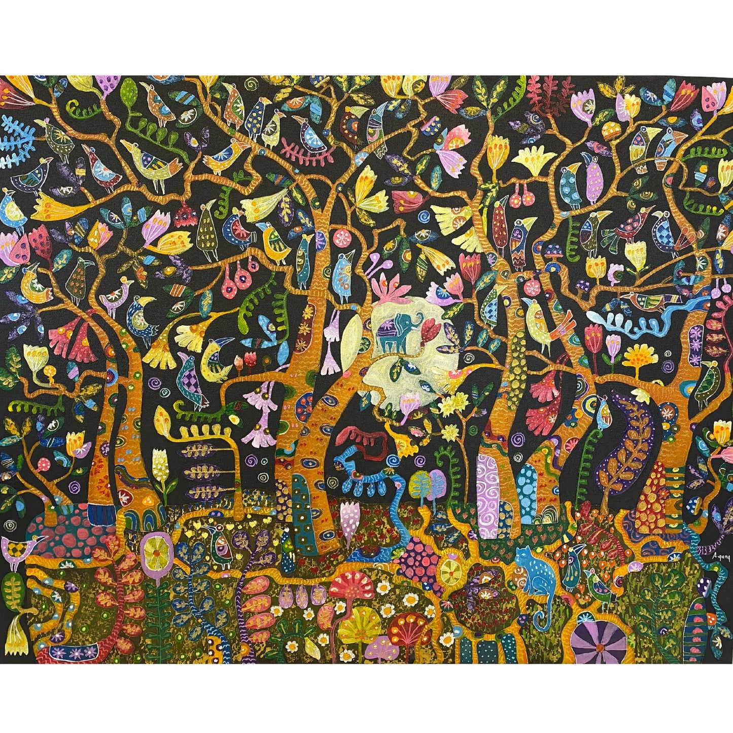 Trees of Life Full Moon Fine art Painting acrylic on Canvas signed Agung Bali Wall Art Ubud Bali Klimt inspired