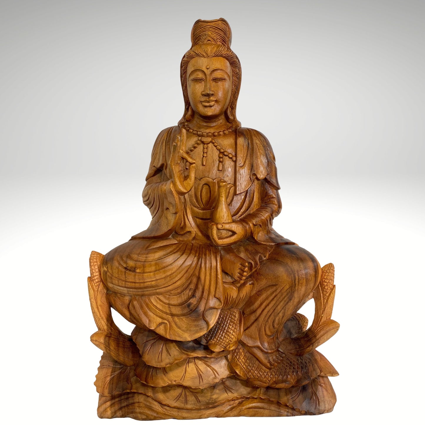 Seated Guanyin Upon Lotus Base Sculpture Bodhisattva Goddess of Compassion Mercy Statue Hand Carved Wood Carving Asian Art Mahayana Buddhism