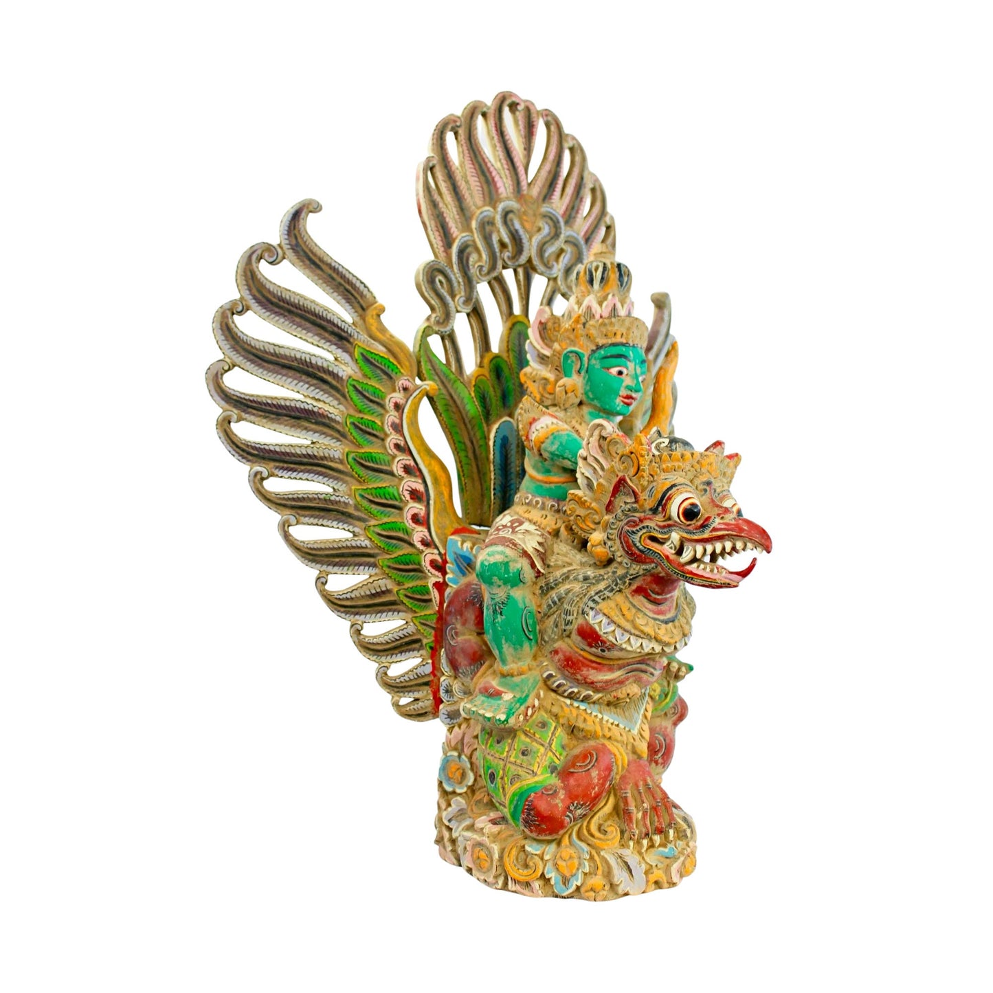 Balinese Hand Carved Garuda Vishnu Statue: Indonesian Polychrome Wood Guardian Sculpture