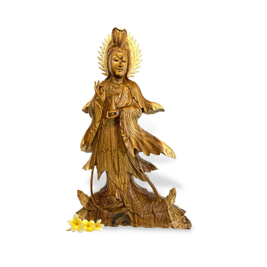 Guanyin Kwan Yin Sculpture Bodhisattva Buddhist Goddess of Compassion Statue Hand Carved Wood Carving Balinese Art 31&quot; Tall