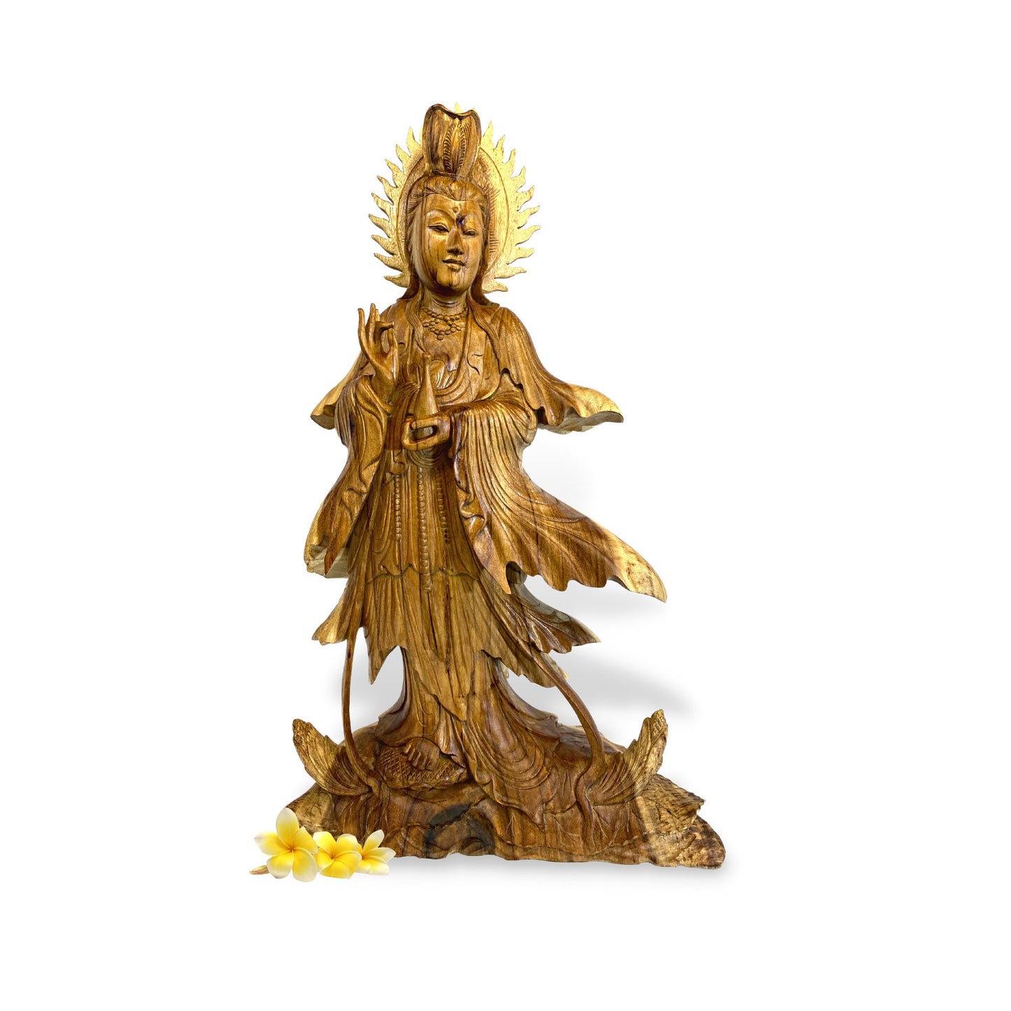 Hand Carved Guanyin Goddess of Compassion Statue: Balinese Wood Sculpture, 31" Tall